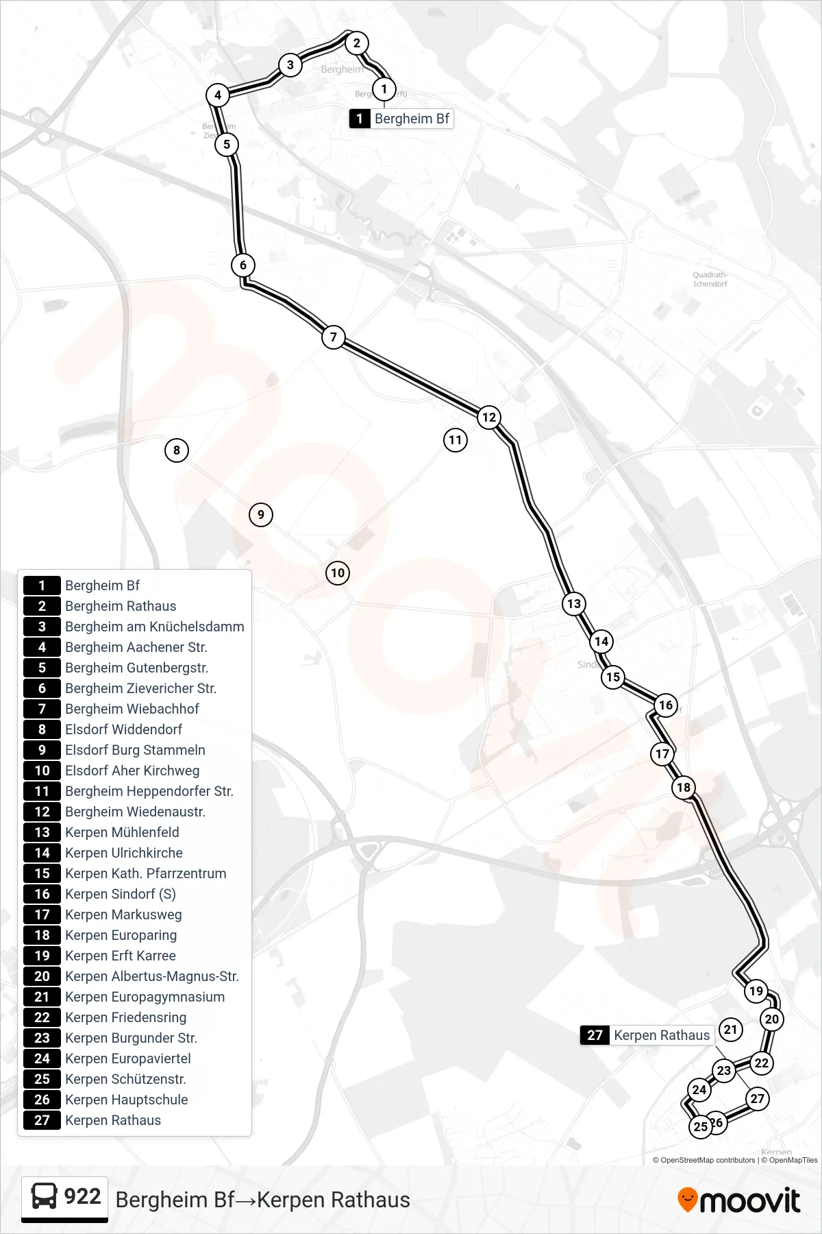 Linie 922 (Bus) Richtung Bergheim Bf‎→Kerpen Rathaus: Route und Haltestellen auf der Karte