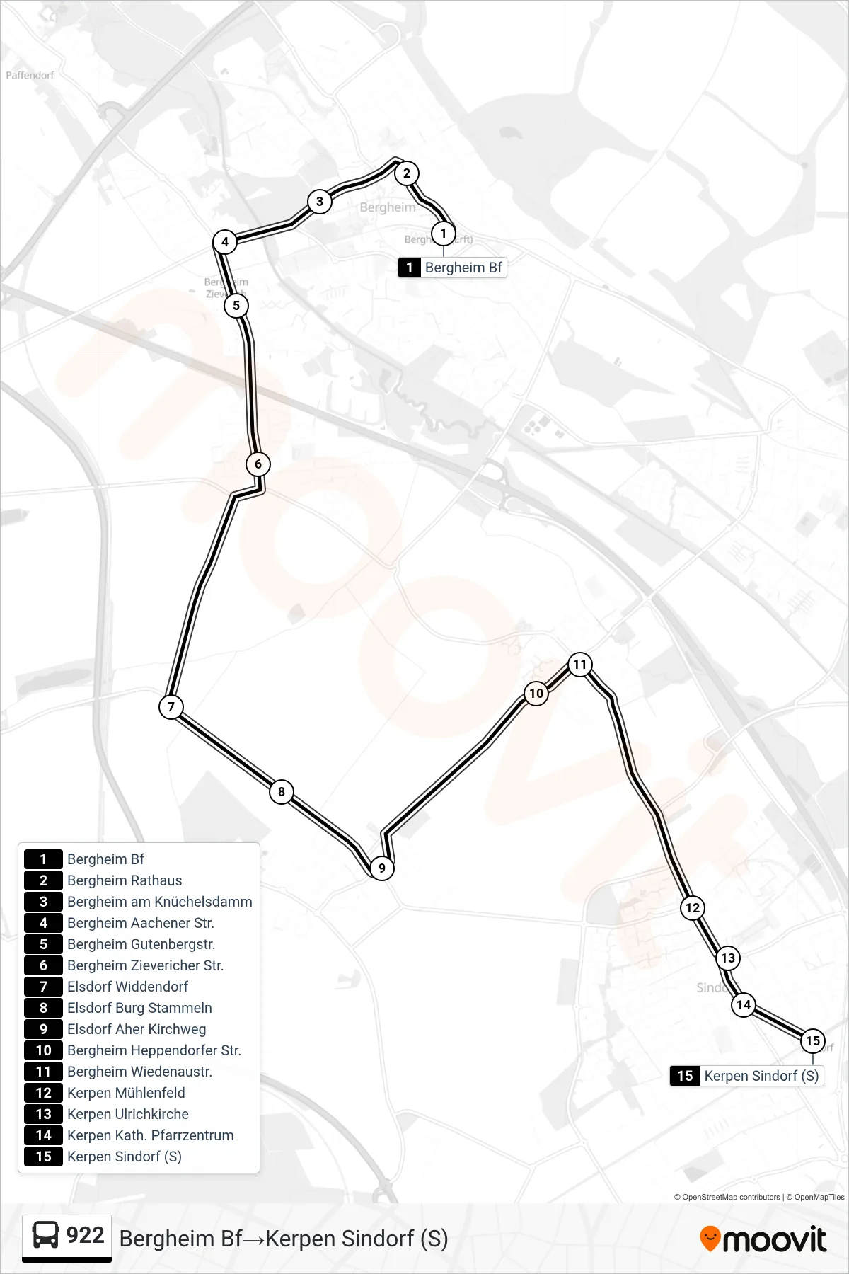 Linie 922 (Bus) Richtung Bergheim Bf‎→Kerpen Sindorf (S): Route und Haltestellen auf der Karte