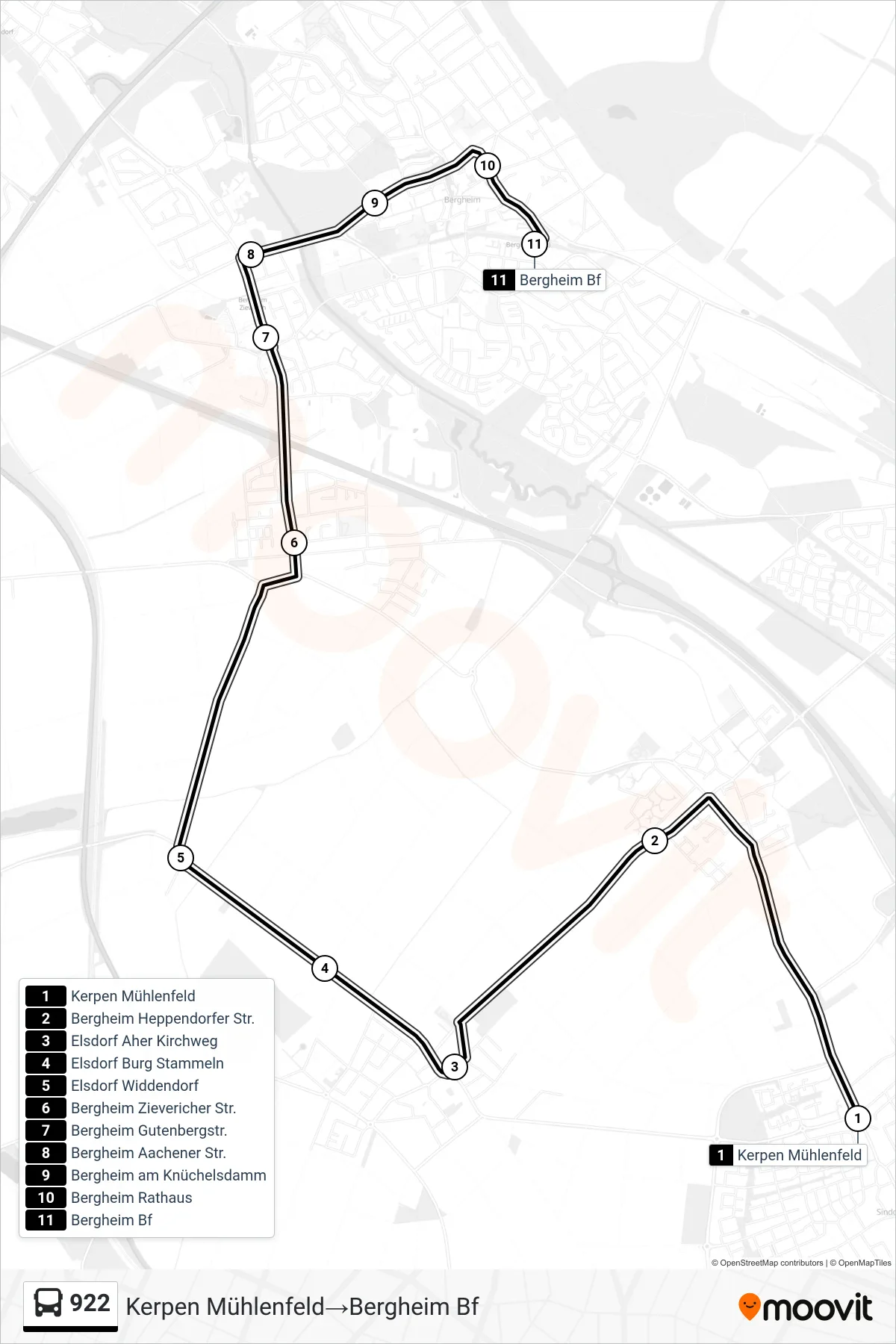 Linie 922 (Bus) Richtung Kerpen Mühlenfeld‎→Bergheim Bf: Route und Haltestellen auf der Karte