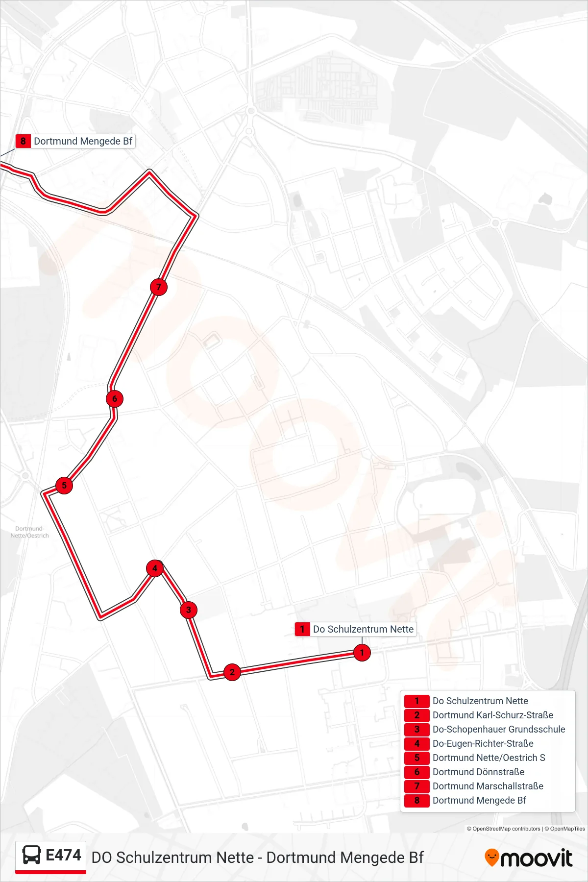 Linie E474 (Bus) Richtung Dortmund Mengede Bf: Route und Haltestellen auf der Karte