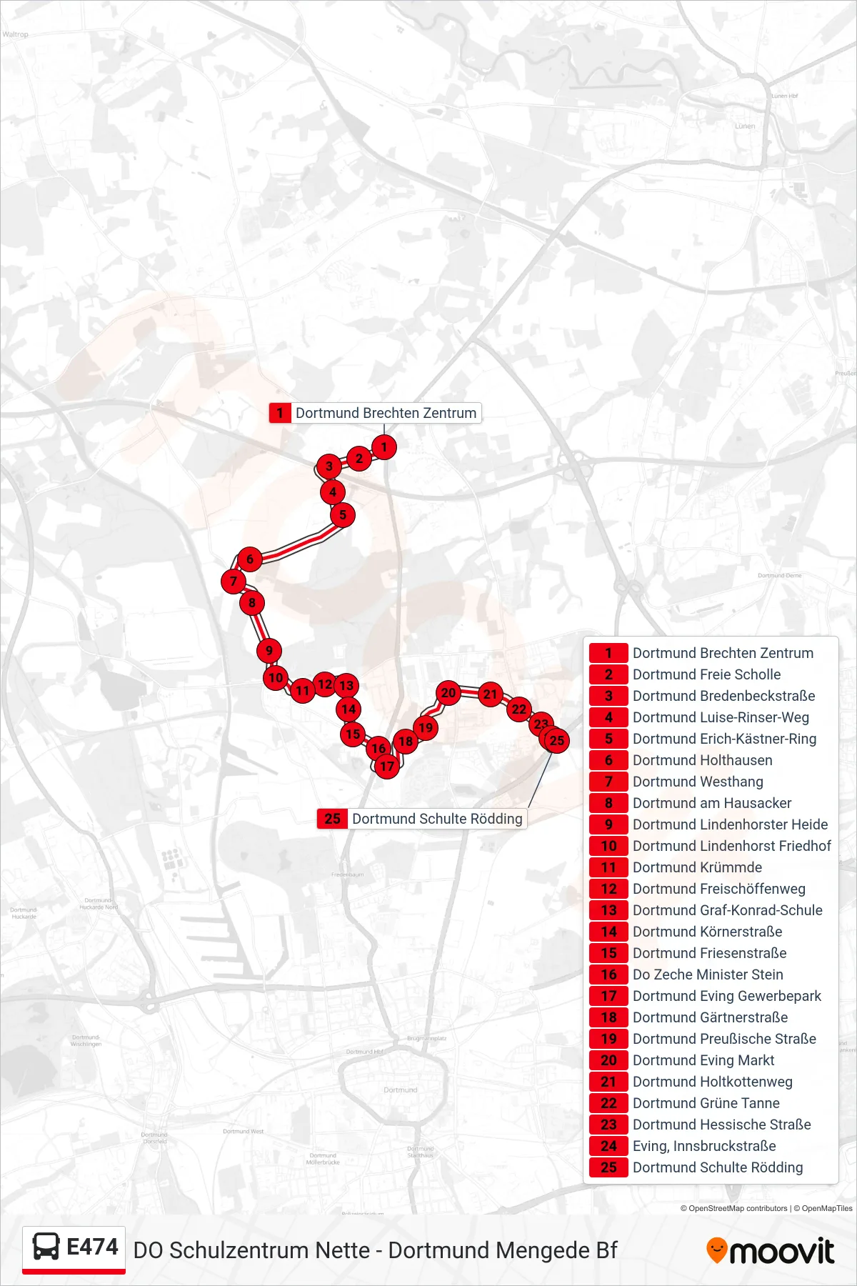 E474 bus Line (Dortmund Schulte Rödding) route and stops on a map