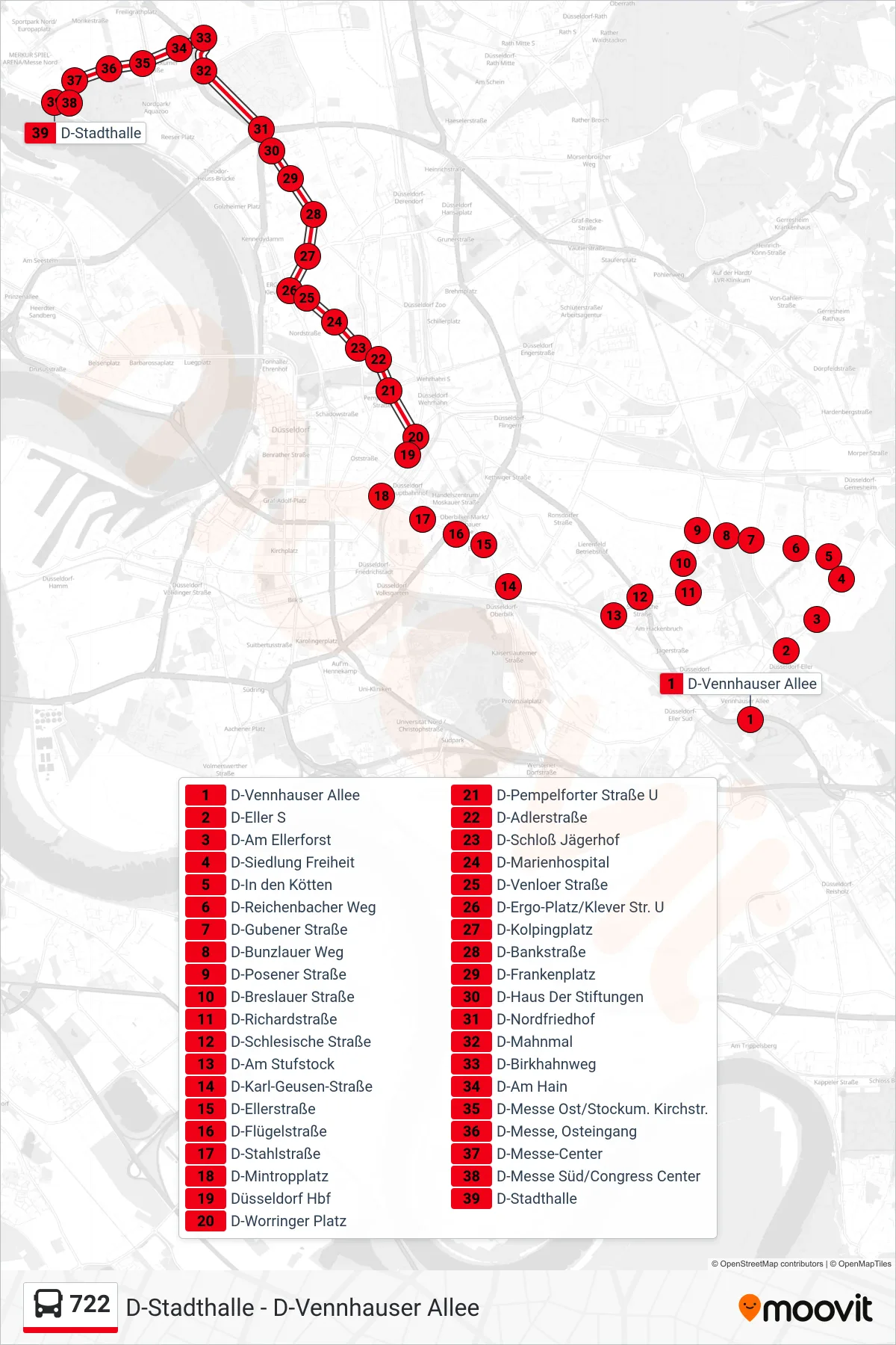 722 bus Line (D-Stadthalle) route and stops on a map