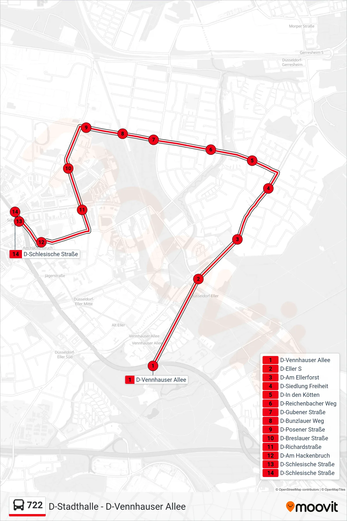 722 bus Line (D-Schlesische Straße) route and stops on a map