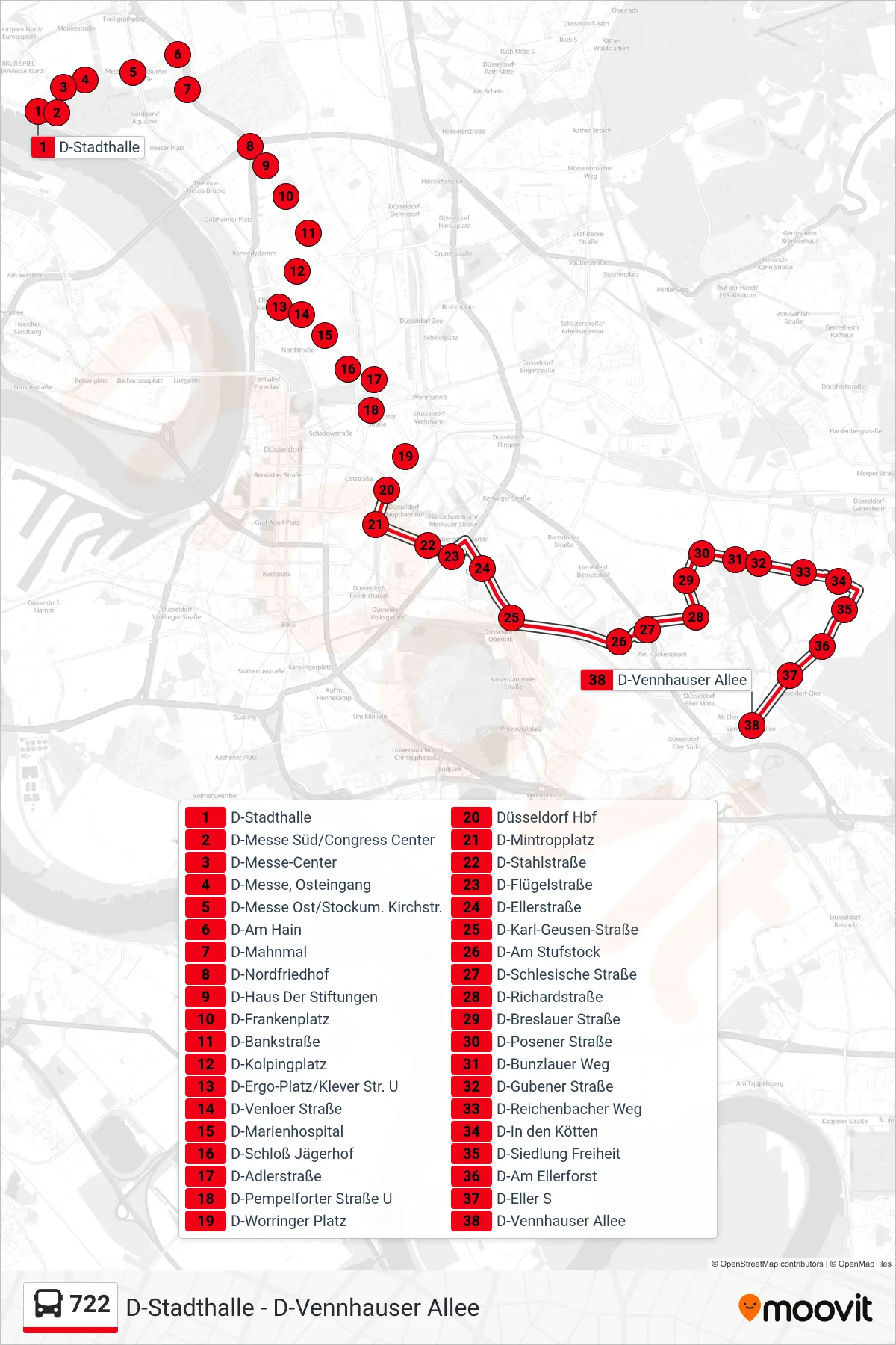 Linie 722 (Bus) Richtung D-Vennhauser Allee: Route und Haltestellen auf der Karte