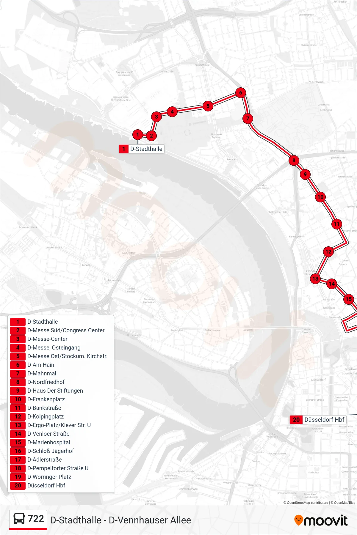 Linie 722 (Bus) Richtung Düsseldorf Hbf: Route und Haltestellen auf der Karte