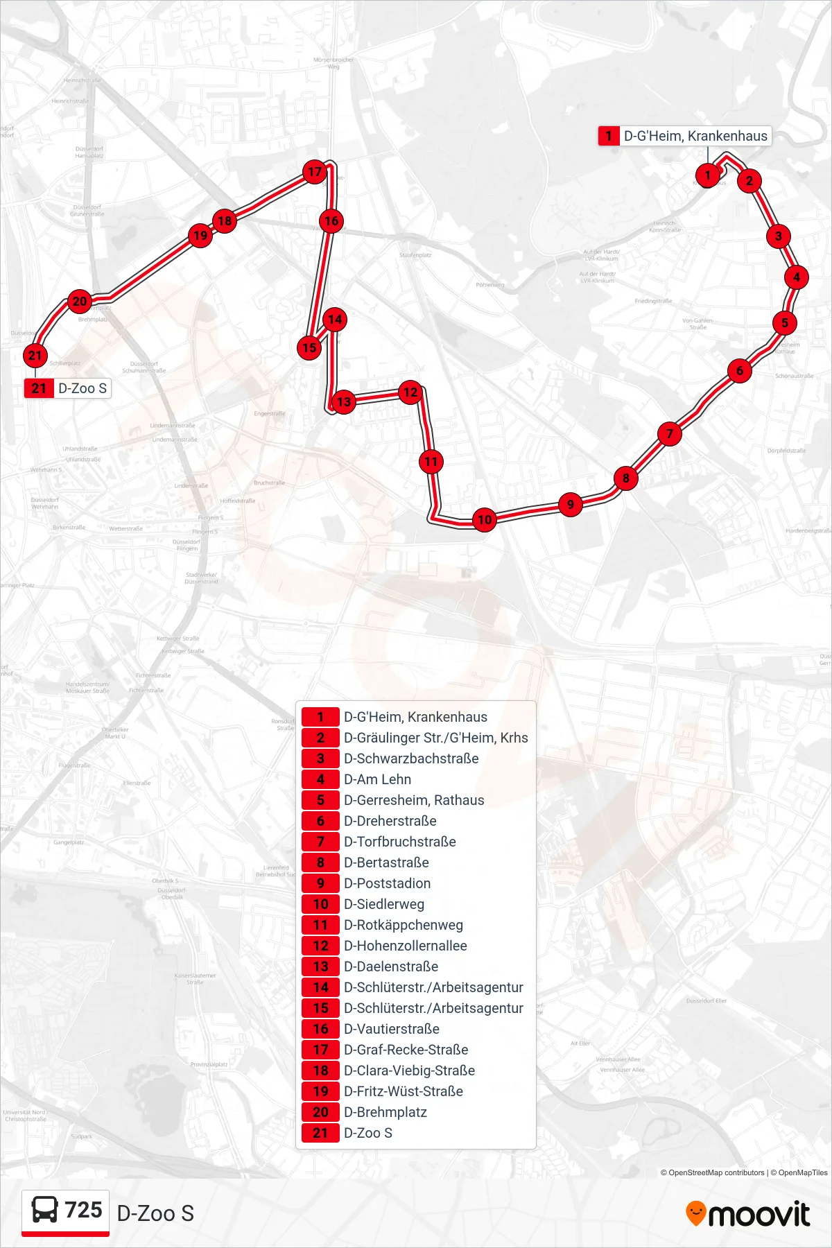 Linie 725 (Bus) Richtung D-Zoo S: Route und Haltestellen auf der Karte