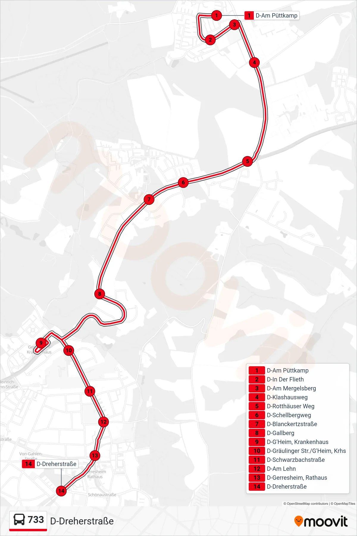Linie 733 (Bus) Richtung D-Dreherstraße: Route und Haltestellen auf der Karte