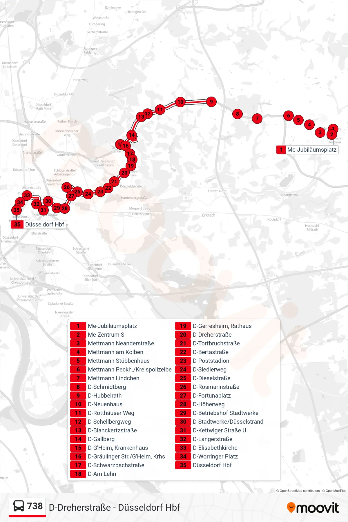 738 bus Line (Düsseldorf Hbf) route and stops on a map