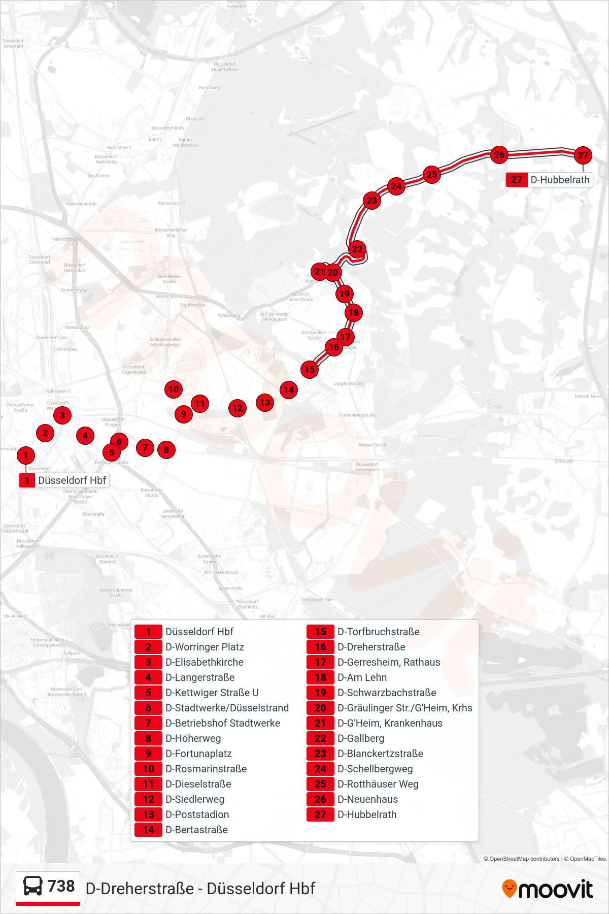 Linie 738 (Bus) Richtung D-Hubbelrath: Route und Haltestellen auf der Karte