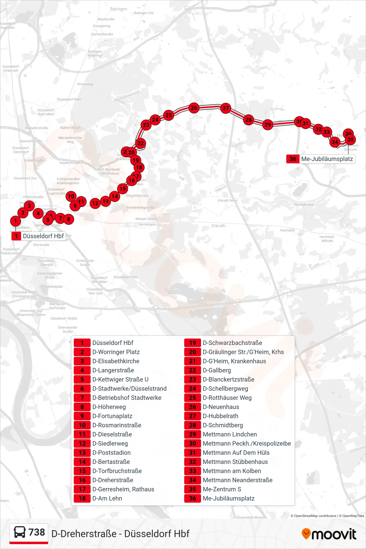 738 bus Line (Me-Jubiläumsplatz) route and stops on a map