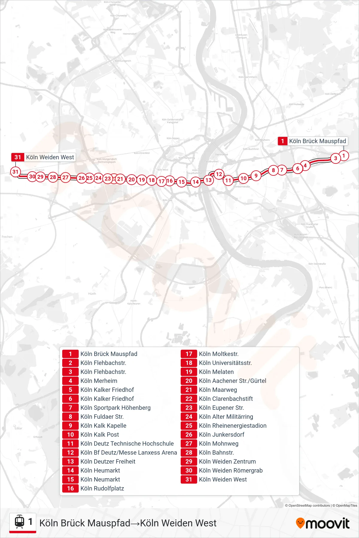 Linie 1 (Straßenbahn) Richtung Köln Brück Mauspfad‎→Köln Weiden West: Route und Haltestellen auf der Karte