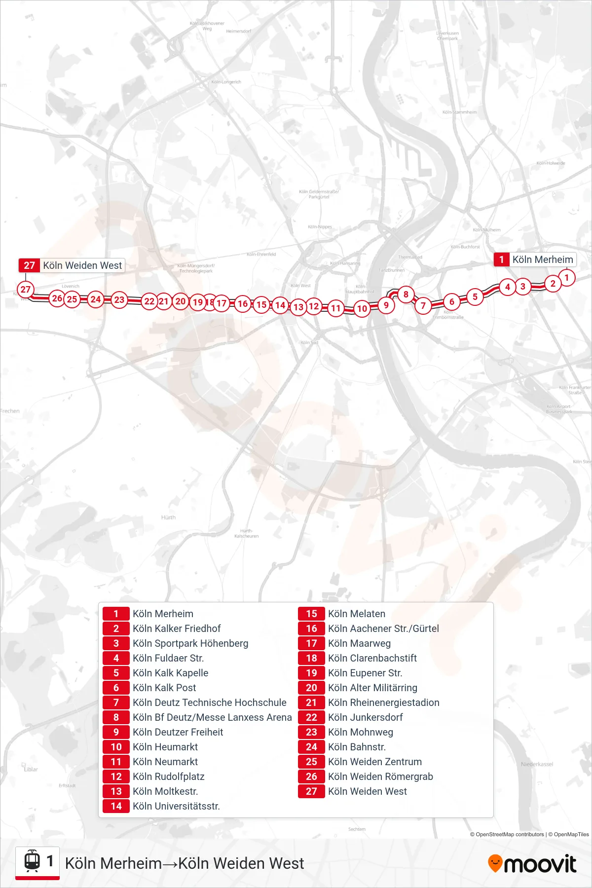 Linie 1 (Tram) Richtung Köln Merheim‎→Köln Weiden West: Route und Haltestellen auf der Karte