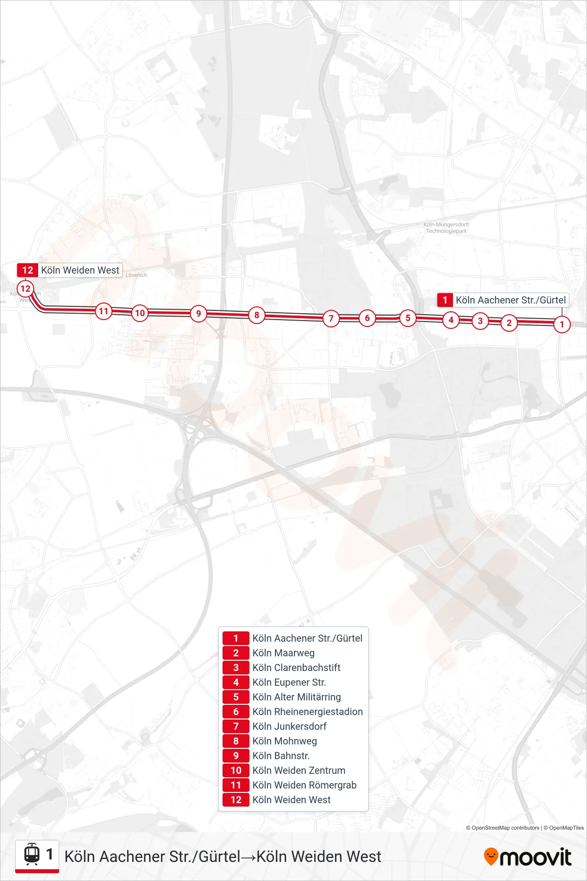 Linie 1 (Straßenbahn) Richtung Köln Aachener Str./Gürtel→Köln Weiden West: Route und Haltestellen auf der Karte