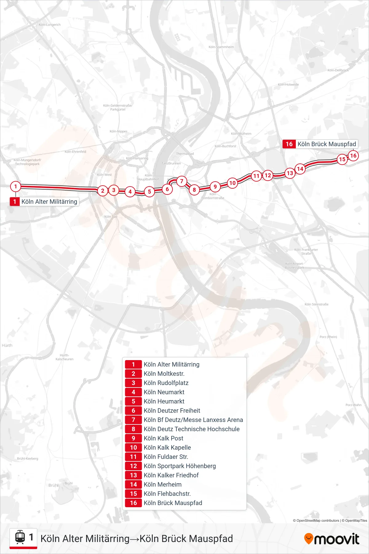 Linie 1 (Straßenbahn) Richtung Köln Alter Militärring‎→Köln Brück Mauspfad: Route und Haltestellen auf der Karte