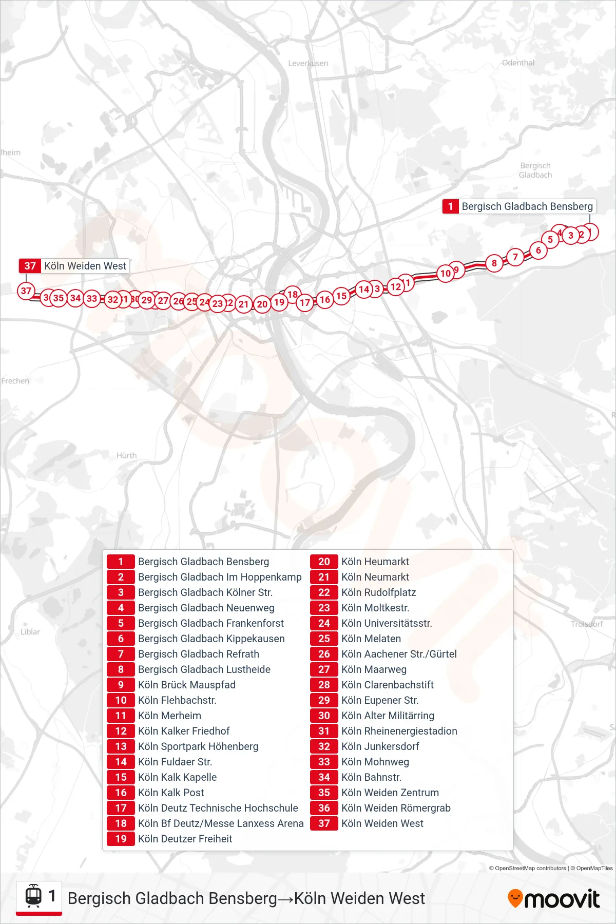 1 tram Line (Bergisch Gladbach Bensberg→Köln Weiden West) route and stops on a map