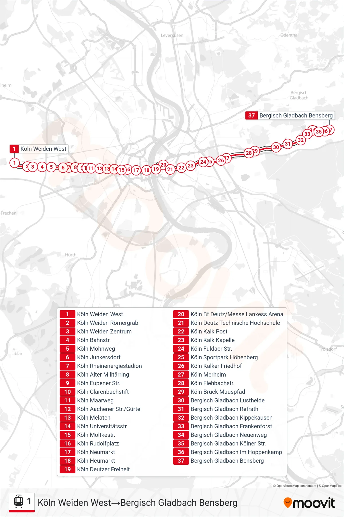 Linie 1 (Straßenbahn) Richtung Köln Weiden West‎→Bergisch Gladbach Bensberg: Route und Haltestellen auf der Karte