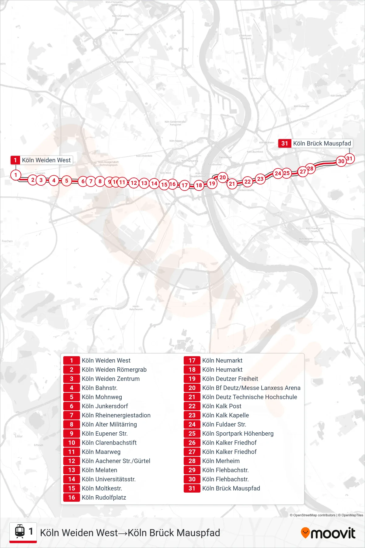 Linie 1 (Straßenbahn) Richtung Köln Weiden West‎→Köln Brück Mauspfad: Route und Haltestellen auf der Karte