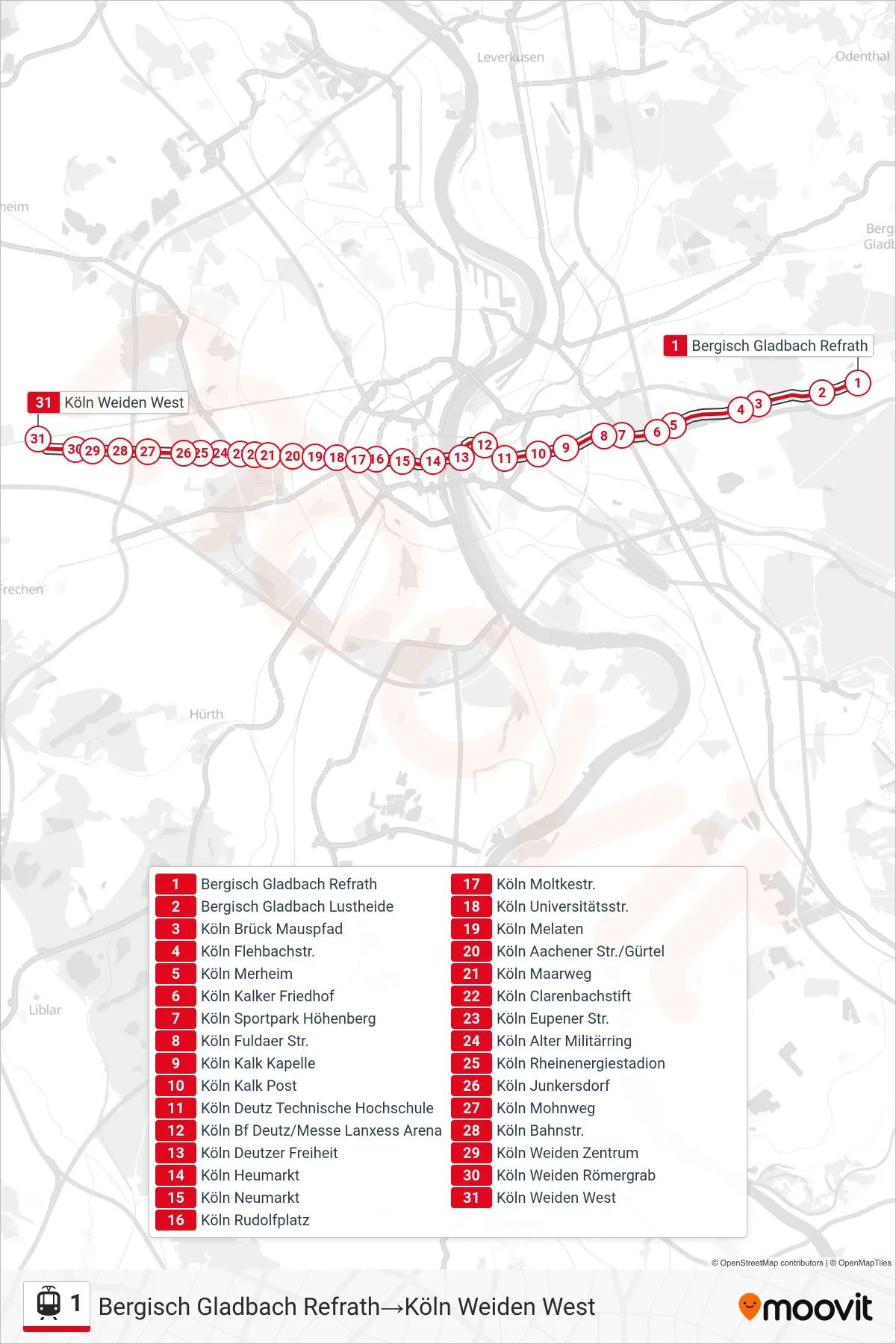 Linie 1 (Tram) Richtung Bergisch Gladbach Refrath‎→Köln Weiden West: Route und Haltestellen auf der Karte