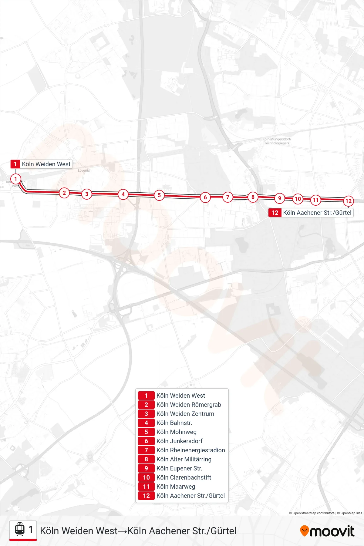 1 tram Line (Köln Weiden West→Köln Aachener Str./Gürtel) route and stops on a map