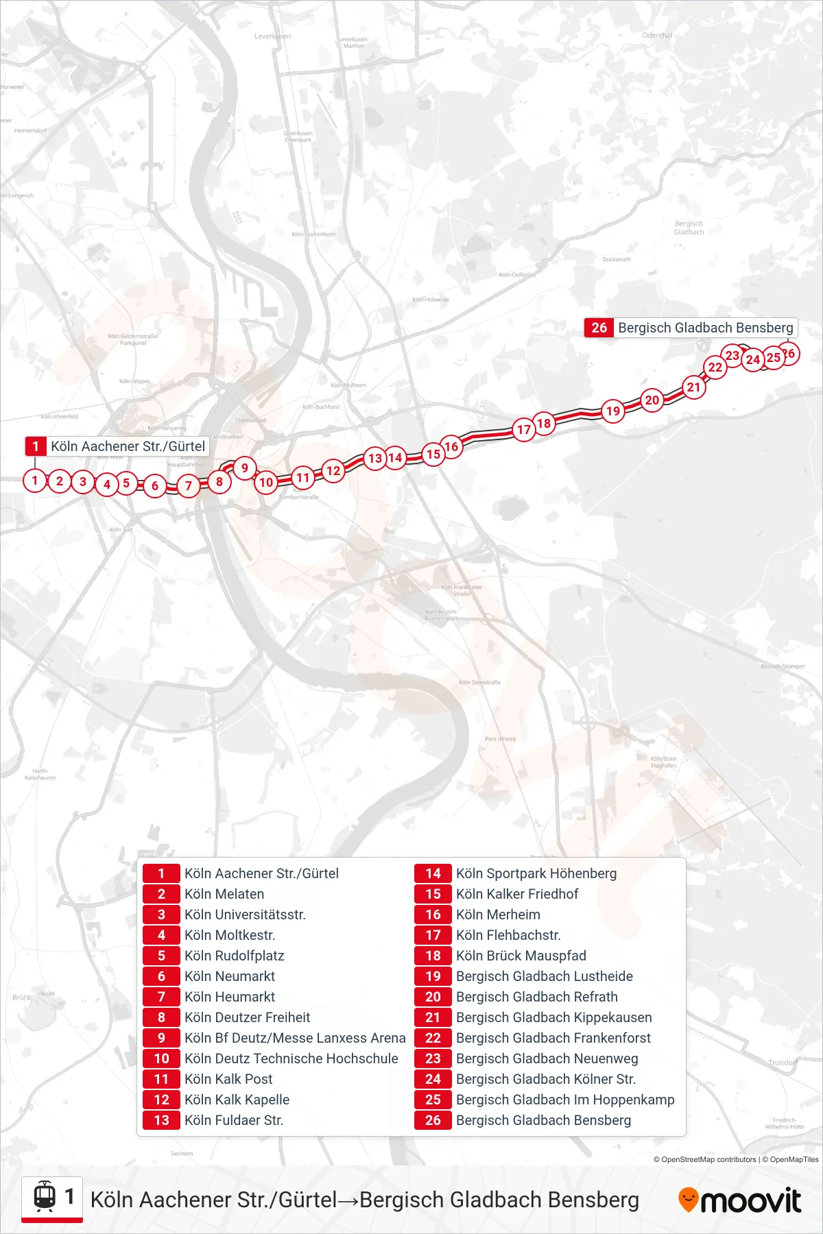 Linie 1 (Straßenbahn) Richtung Köln Aachener Str./Gürtel‎→Bergisch Gladbach Bensberg: Route und Haltestellen auf der Karte