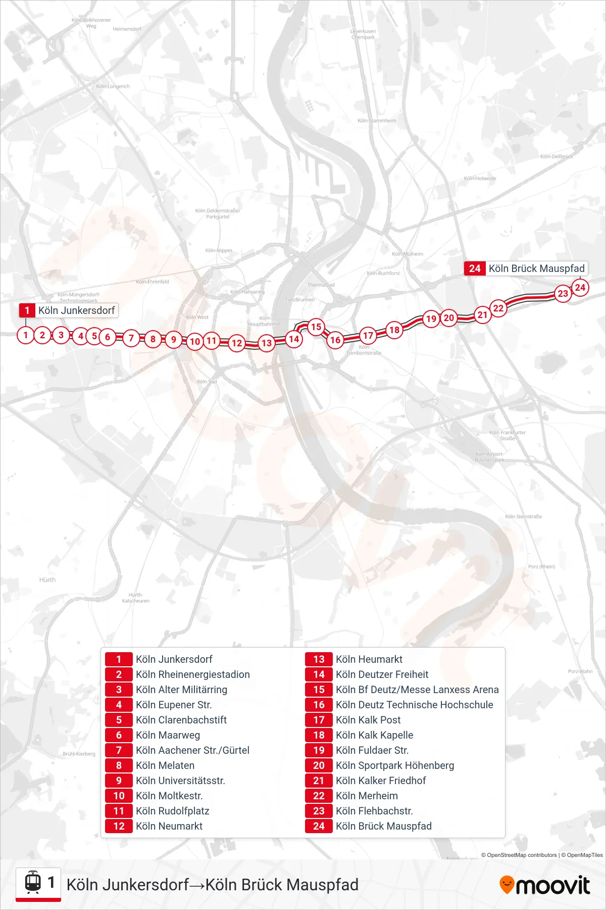 Linie 1 (Straßenbahn) Richtung Köln Junkersdorf‎→Köln Brück Mauspfad: Route und Haltestellen auf der Karte