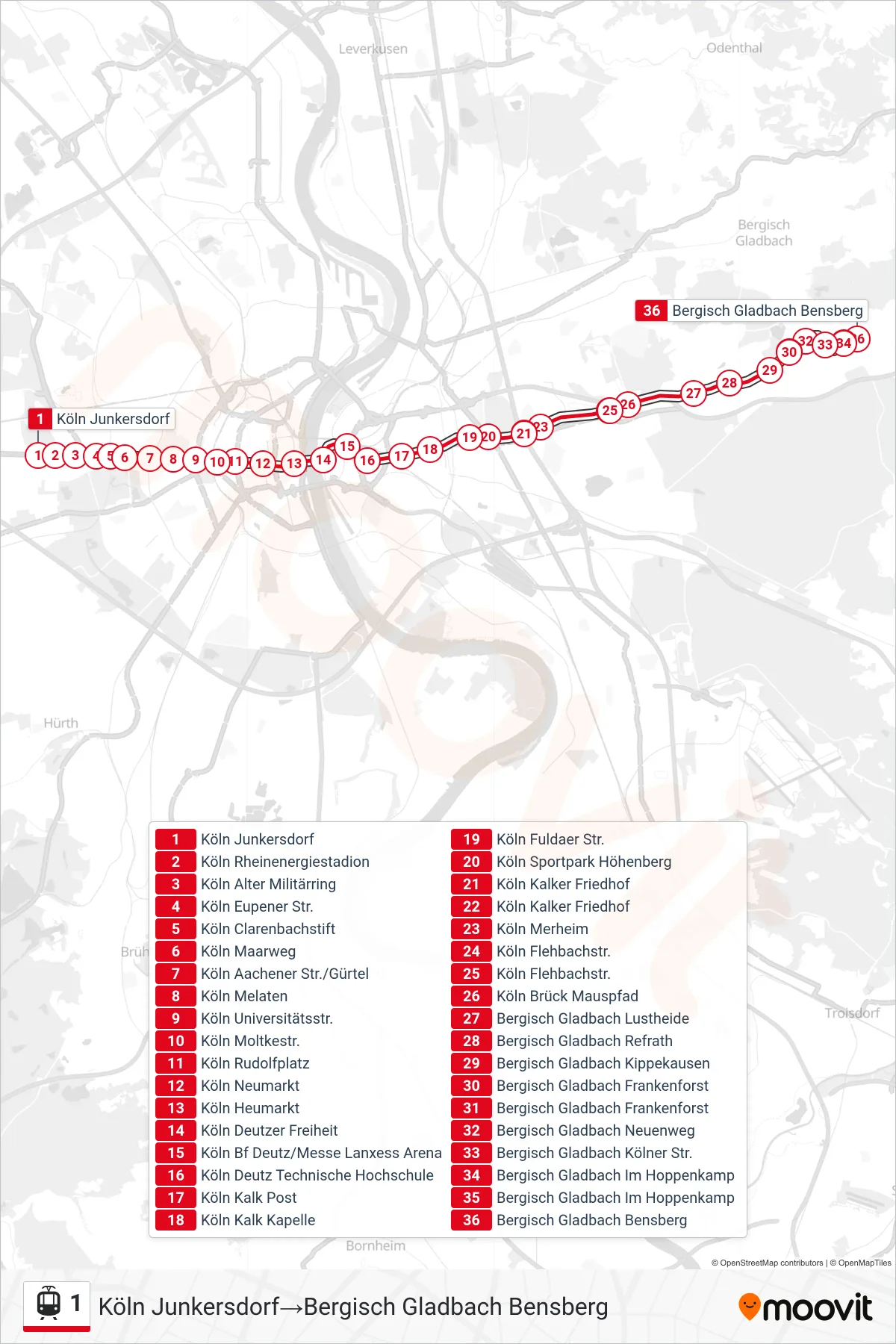 1 tram Line (Köln Junkersdorf→Bergisch Gladbach Bensberg) route and stops on a map