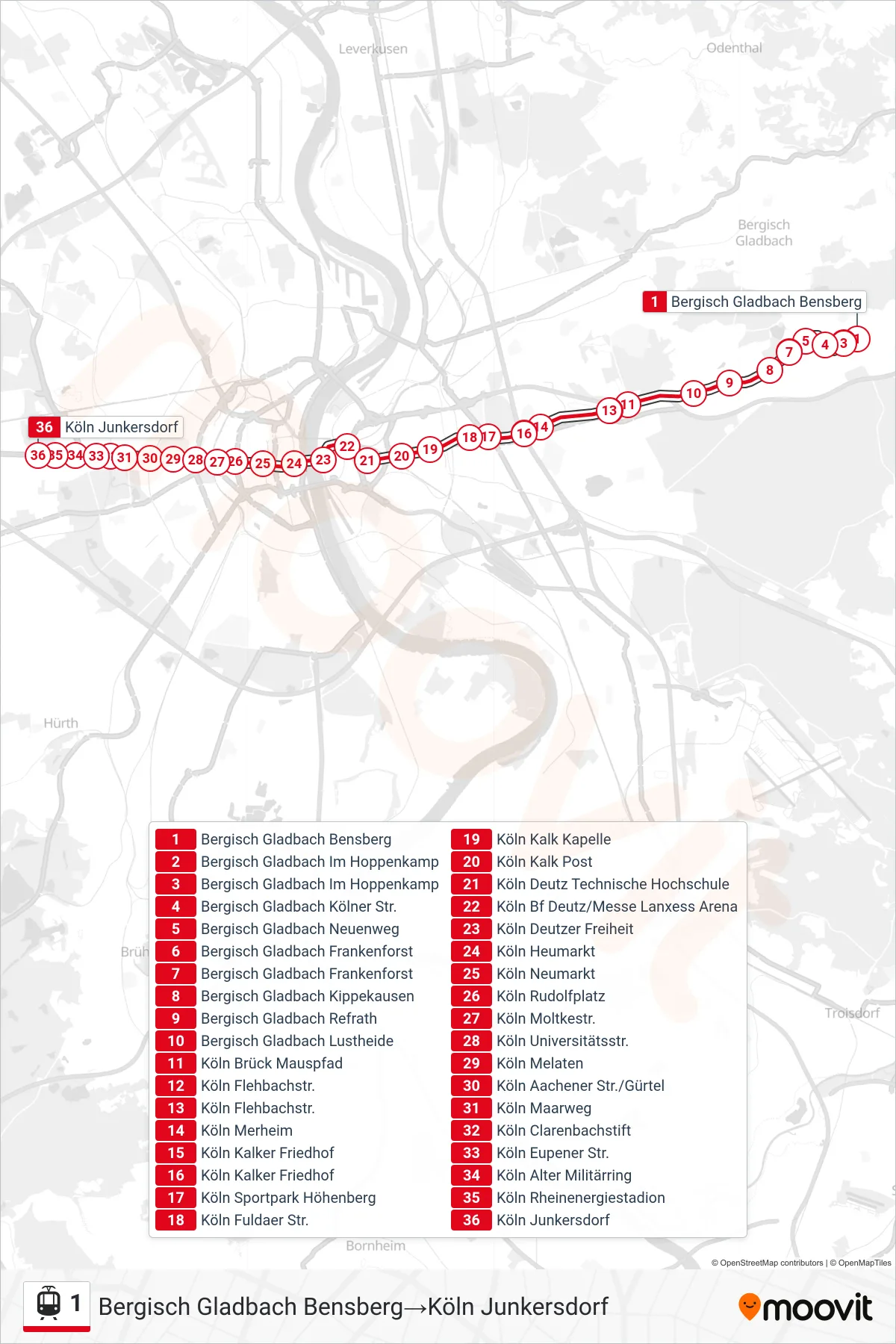 Linie 1 (Straßenbahn) Richtung Bergisch Gladbach Bensberg‎→Köln Junkersdorf: Route und Haltestellen auf der Karte
