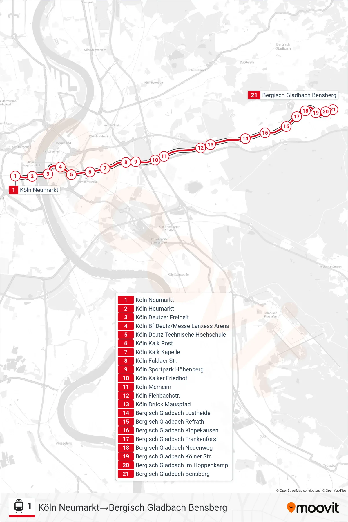 1 tram Line (Köln Neumarkt→Bergisch Gladbach Bensberg) route and stops on a map