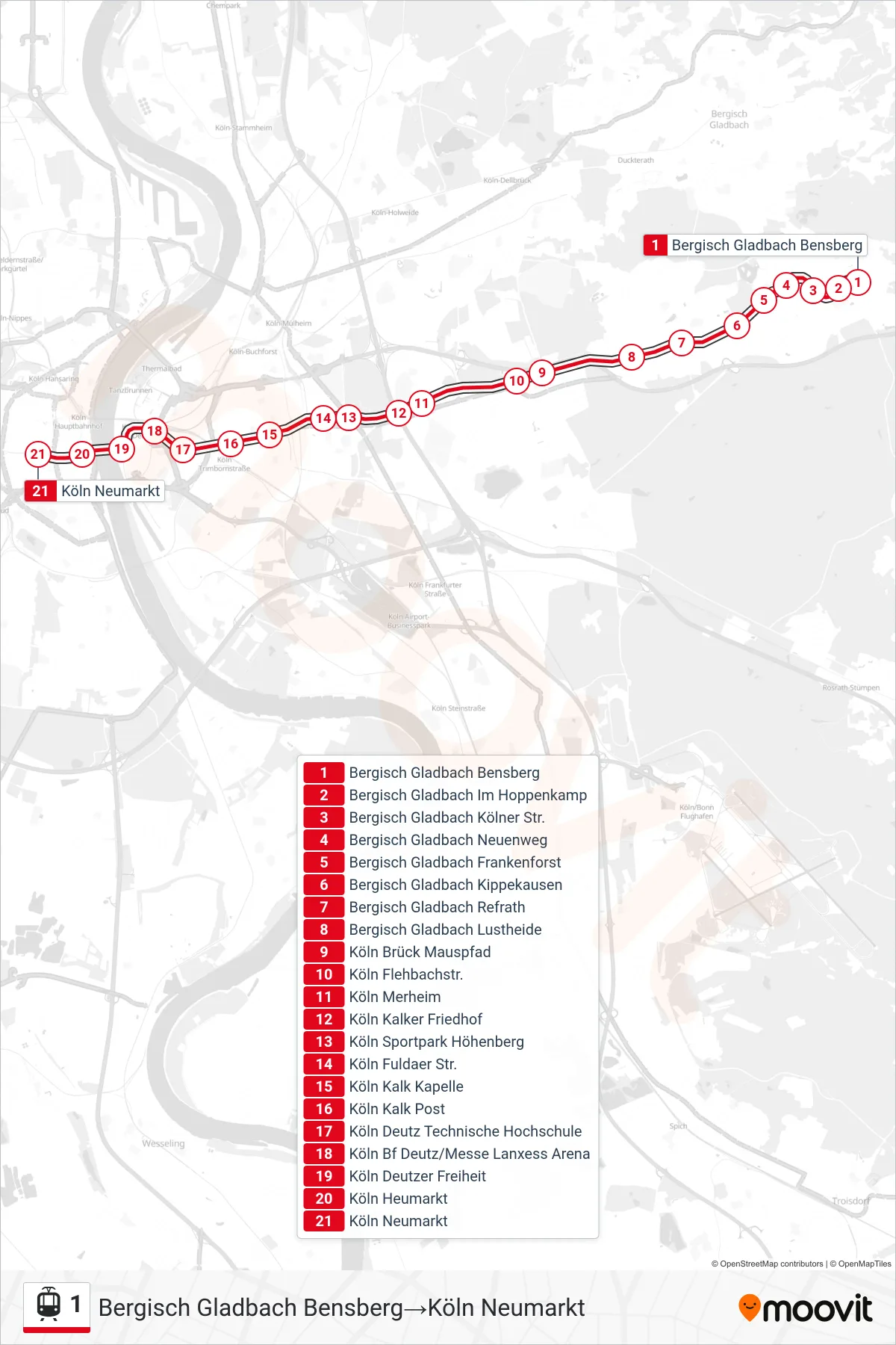 Linie 1 (Straßenbahn) Richtung Bergisch Gladbach Bensberg‎→Köln Neumarkt: Route und Haltestellen auf der Karte