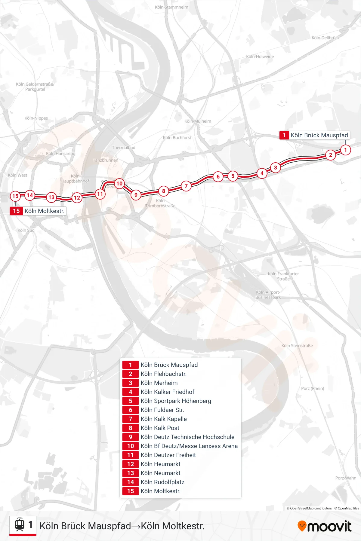 1 tram Line (Köln Brück Mauspfad→Köln Moltkestr.) route and stops on a map