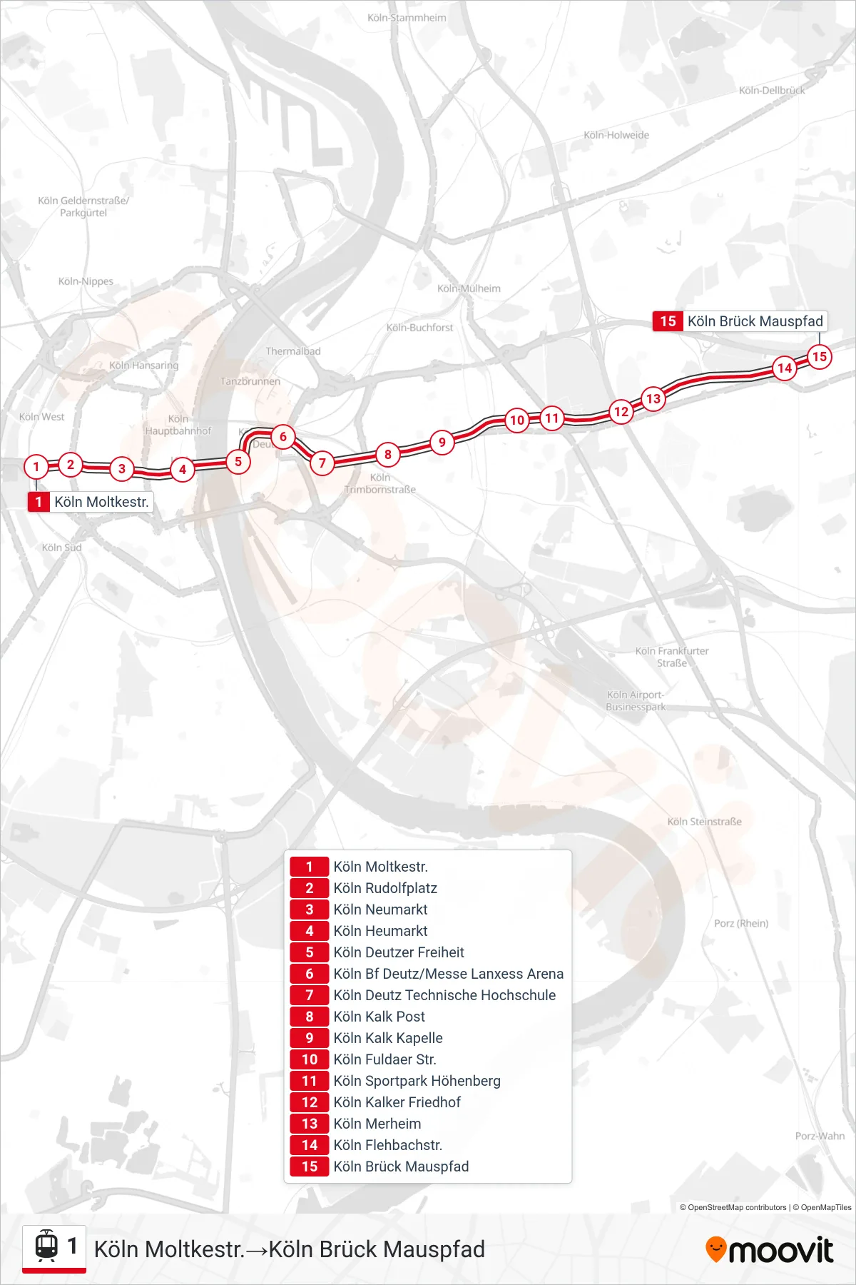 Linie 1 (Straßenbahn) Richtung Köln Moltkestr.→Köln Brück Mauspfad: Route und Haltestellen auf der Karte