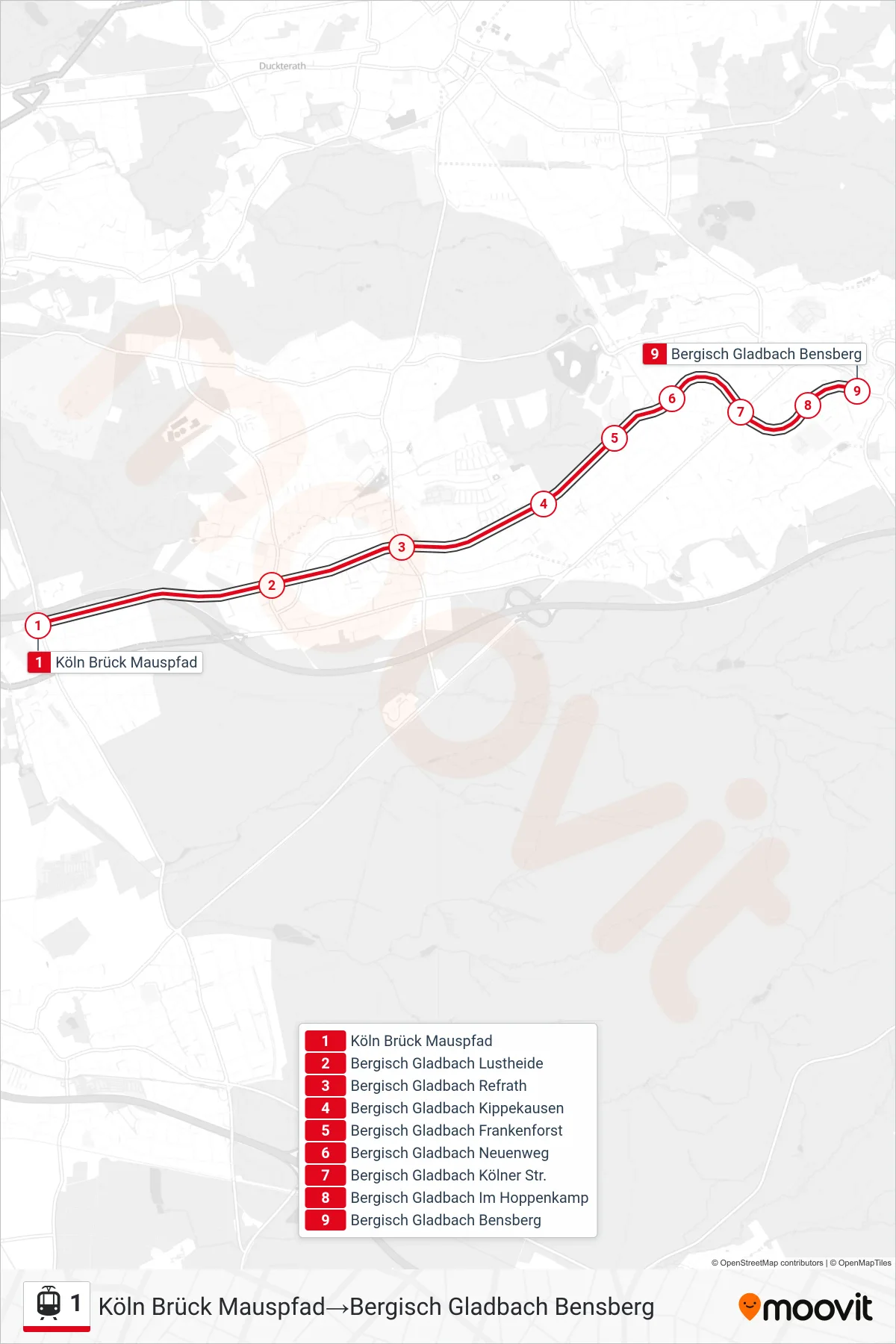 Linie 1 (Straßenbahn) Richtung Köln Brück Mauspfad→Bergisch Gladbach Bensberg: Route und Haltestellen auf der Karte