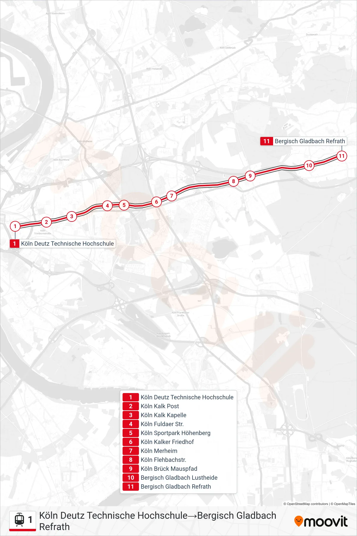 Linie 1 (Tram) Richtung Köln Deutz Technische Hochschule‎→Bergisch Gladbach Refrath: Route und Haltestellen auf der Karte