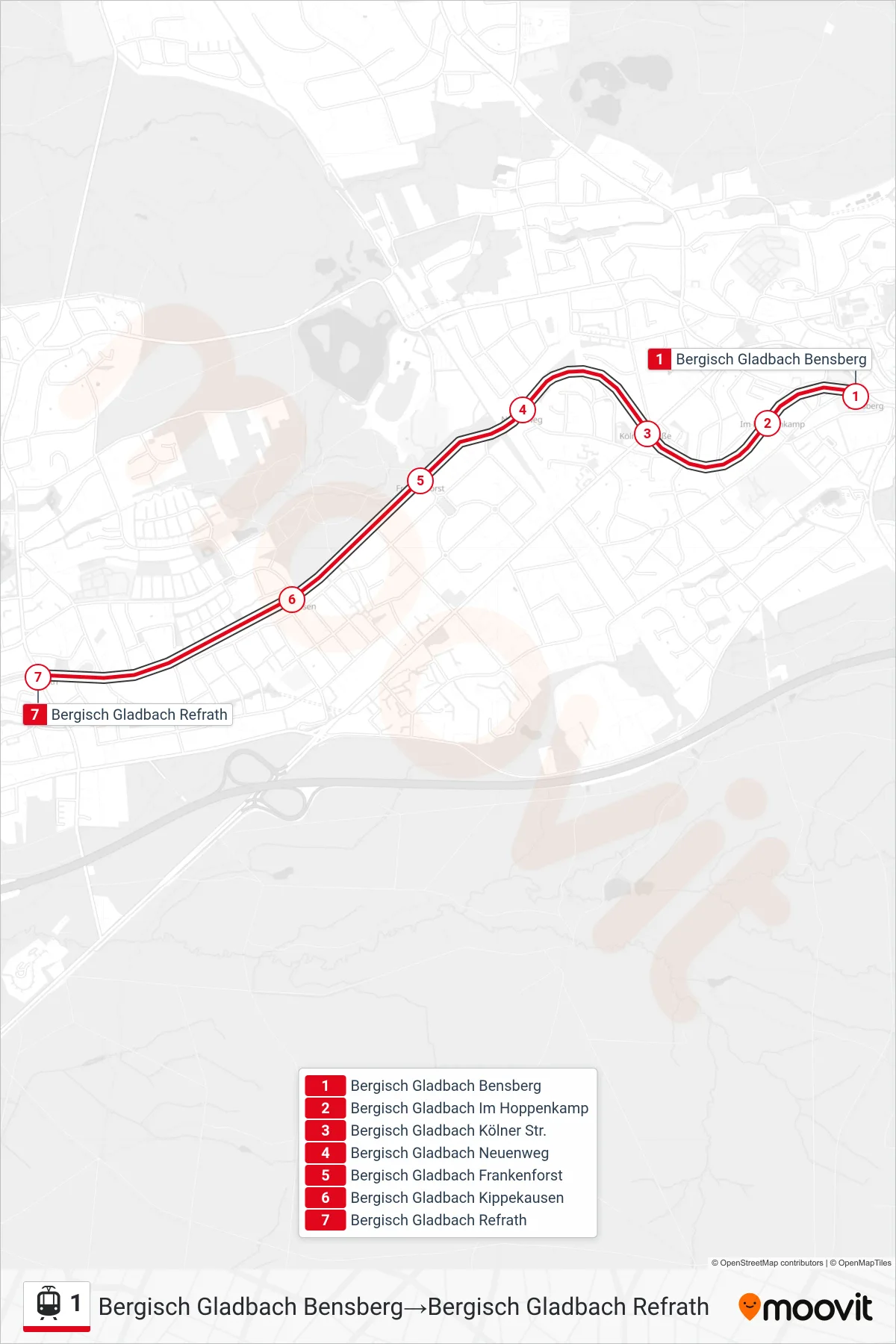 Linie 1 (Straßenbahn) Richtung Bergisch Gladbach Bensberg→Bergisch Gladbach Refrath: Route und Haltestellen auf der Karte