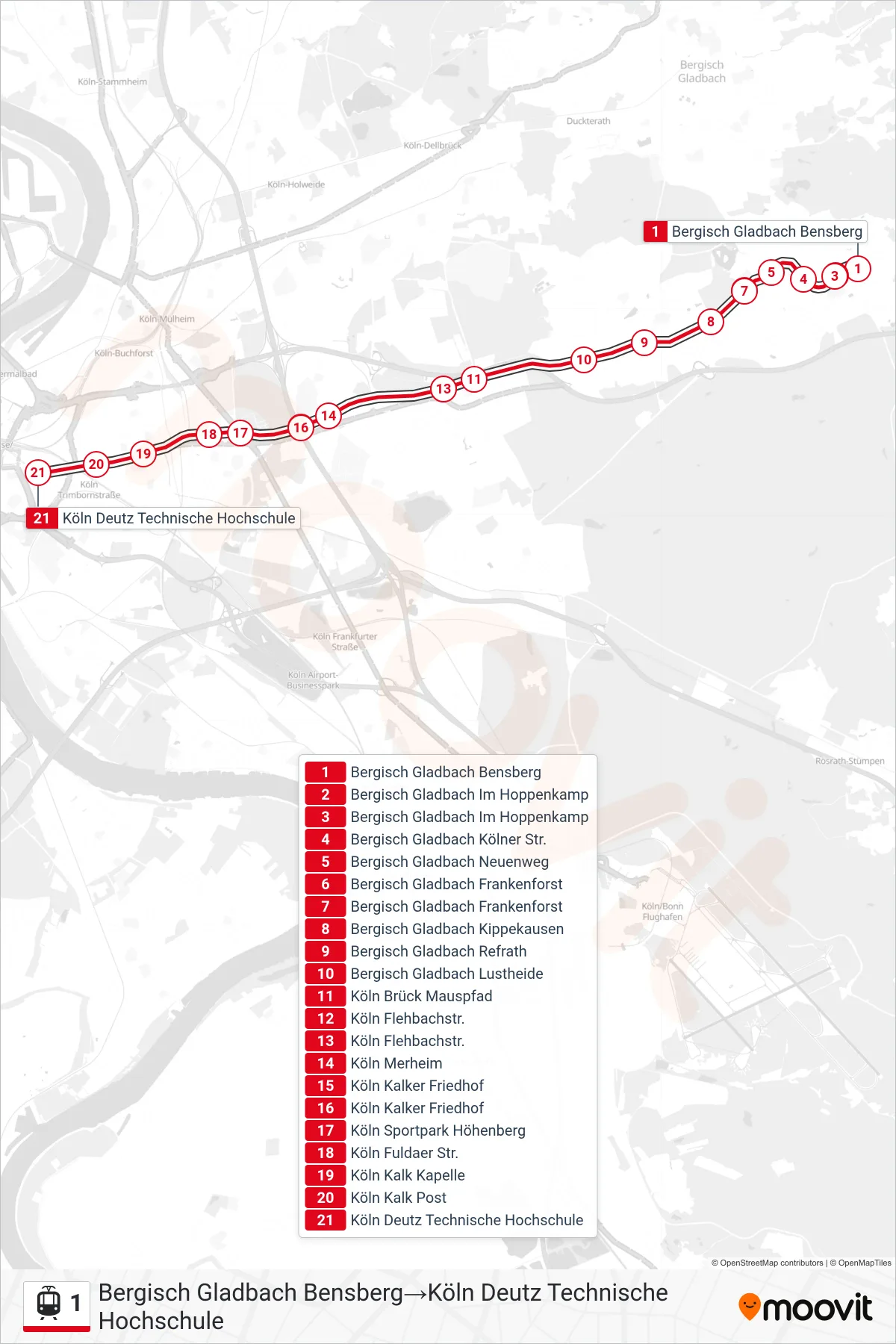 Linie 1 (Straßenbahn) Richtung Bergisch Gladbach Bensberg→Köln Deutz Technische Hochschule: Route und Haltestellen auf der Karte