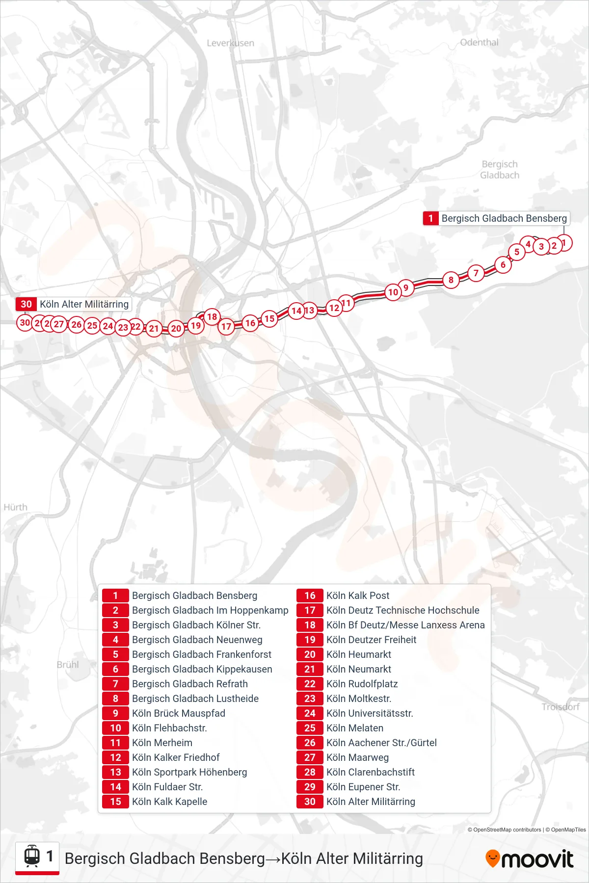 Linie 1 (Straßenbahn) Richtung Bergisch Gladbach Bensberg‎→Köln Alter Militärring: Route und Haltestellen auf der Karte
