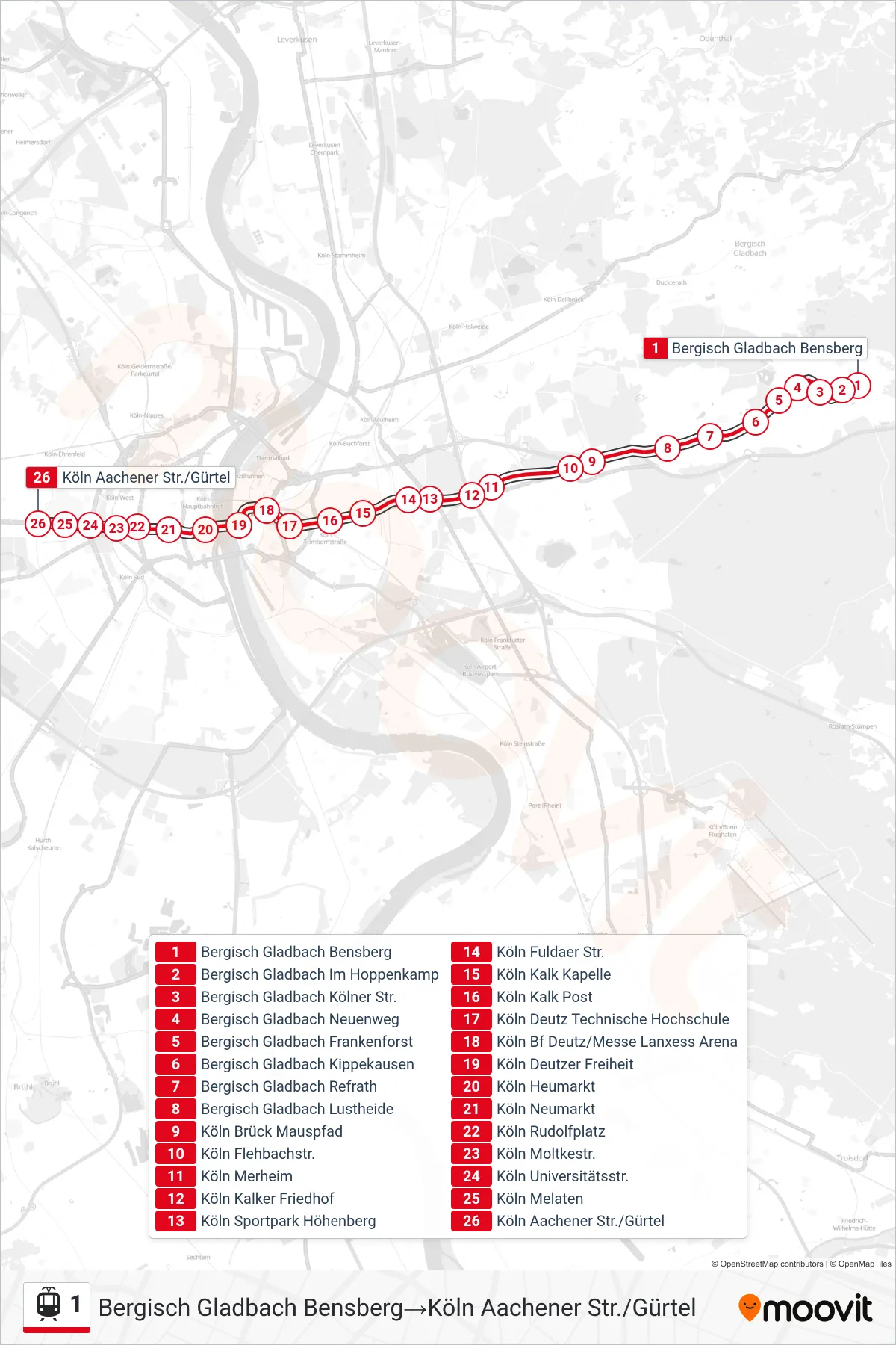 Linie 1 (Straßenbahn) Richtung Bergisch Gladbach Bensberg‎→Köln Aachener Str./Gürtel: Route und Haltestellen auf der Karte
