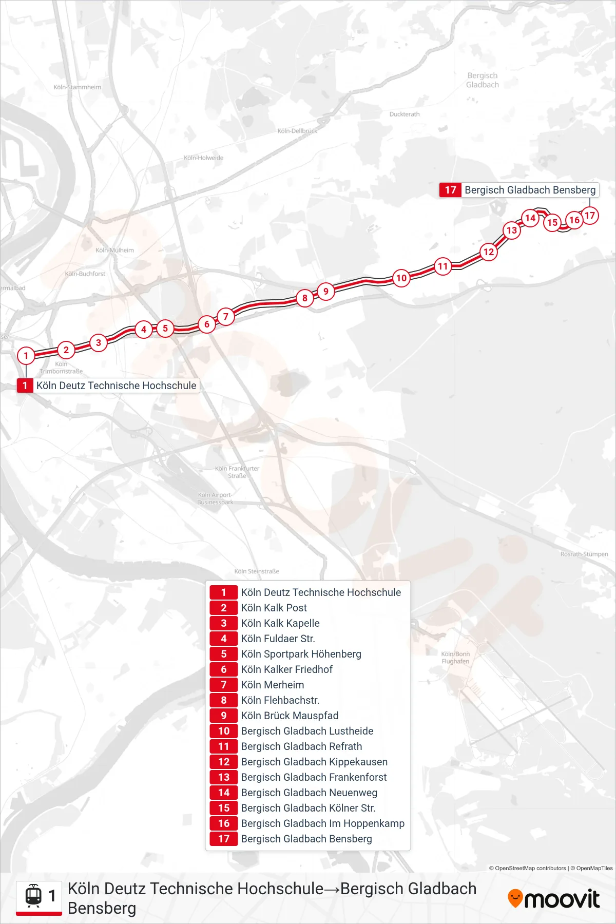 Linie 1 (Straßenbahn) Richtung Köln Deutz Technische Hochschule→Bergisch Gladbach Bensberg: Route und Haltestellen auf der Karte