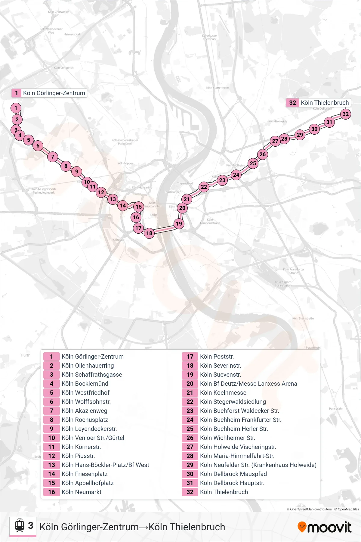 3 tram Line (Köln Görlinger-Zentrum‎→Köln Thielenbruch) route and stops on a map