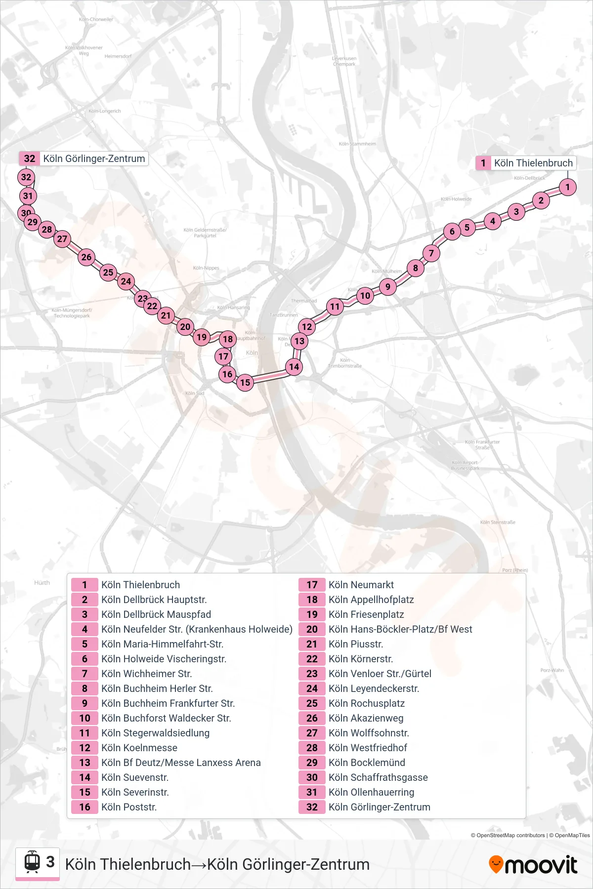 Linie 3 (Tram) Richtung Köln Thielenbruch→Köln Görlinger-Zentrum: Route und Haltestellen auf der Karte