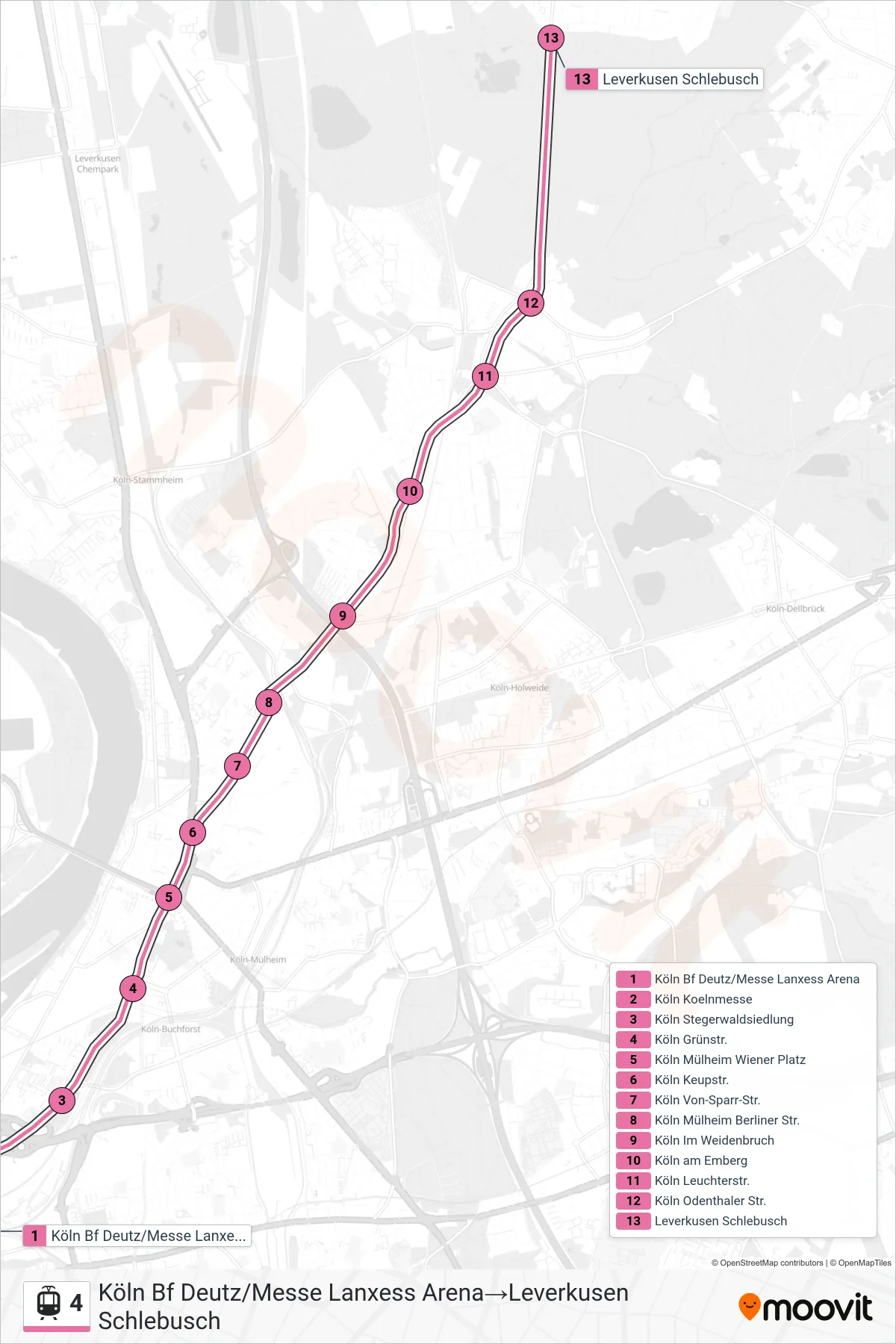 Linie 4 (Tram) Richtung Köln Bf Deutz/Messe Lanxess Arena→Leverkusen Schlebusch: Route und Haltestellen auf der Karte