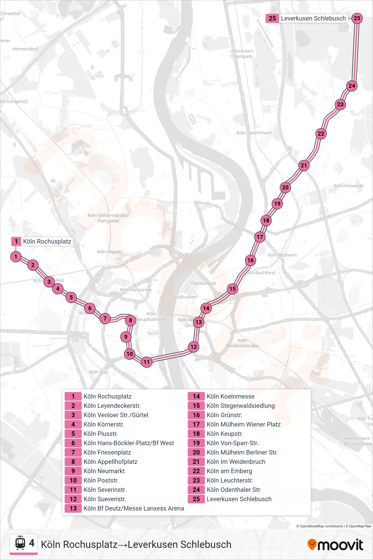 Linie 4 (Straßenbahn) Richtung Köln Rochusplatz→Leverkusen Schlebusch: Route und Haltestellen auf der Karte