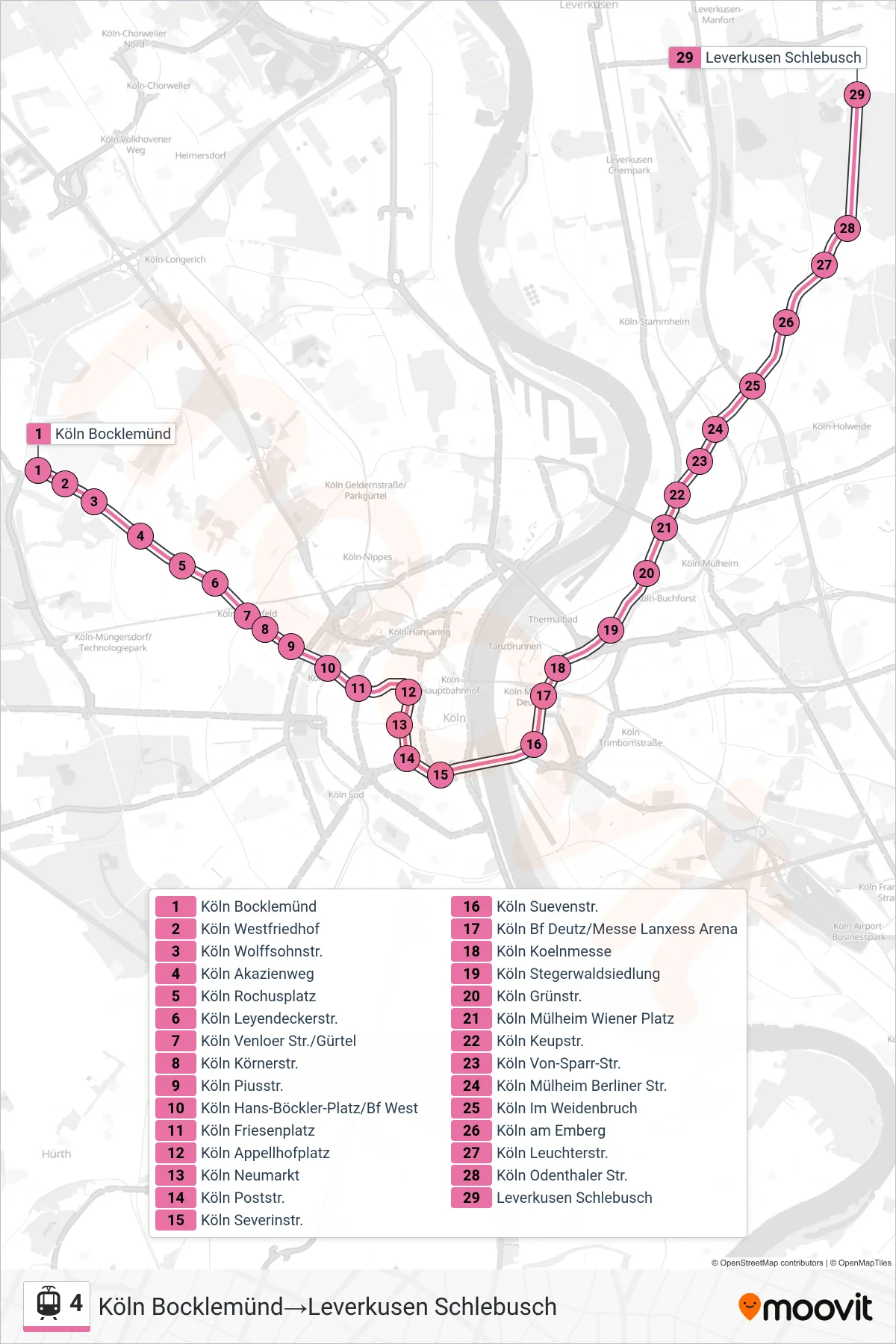 Linie 4 (Straßenbahn) Richtung Köln Bocklemünd→Leverkusen Schlebusch: Route und Haltestellen auf der Karte