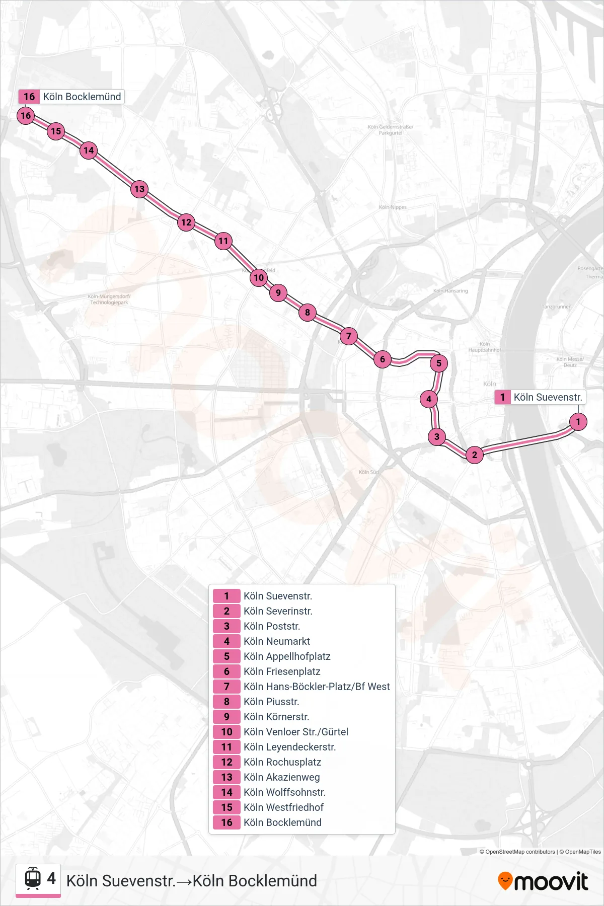 Linie 4 (Straßenbahn) Richtung Köln Suevenstr.→Köln Bocklemünd: Route und Haltestellen auf der Karte