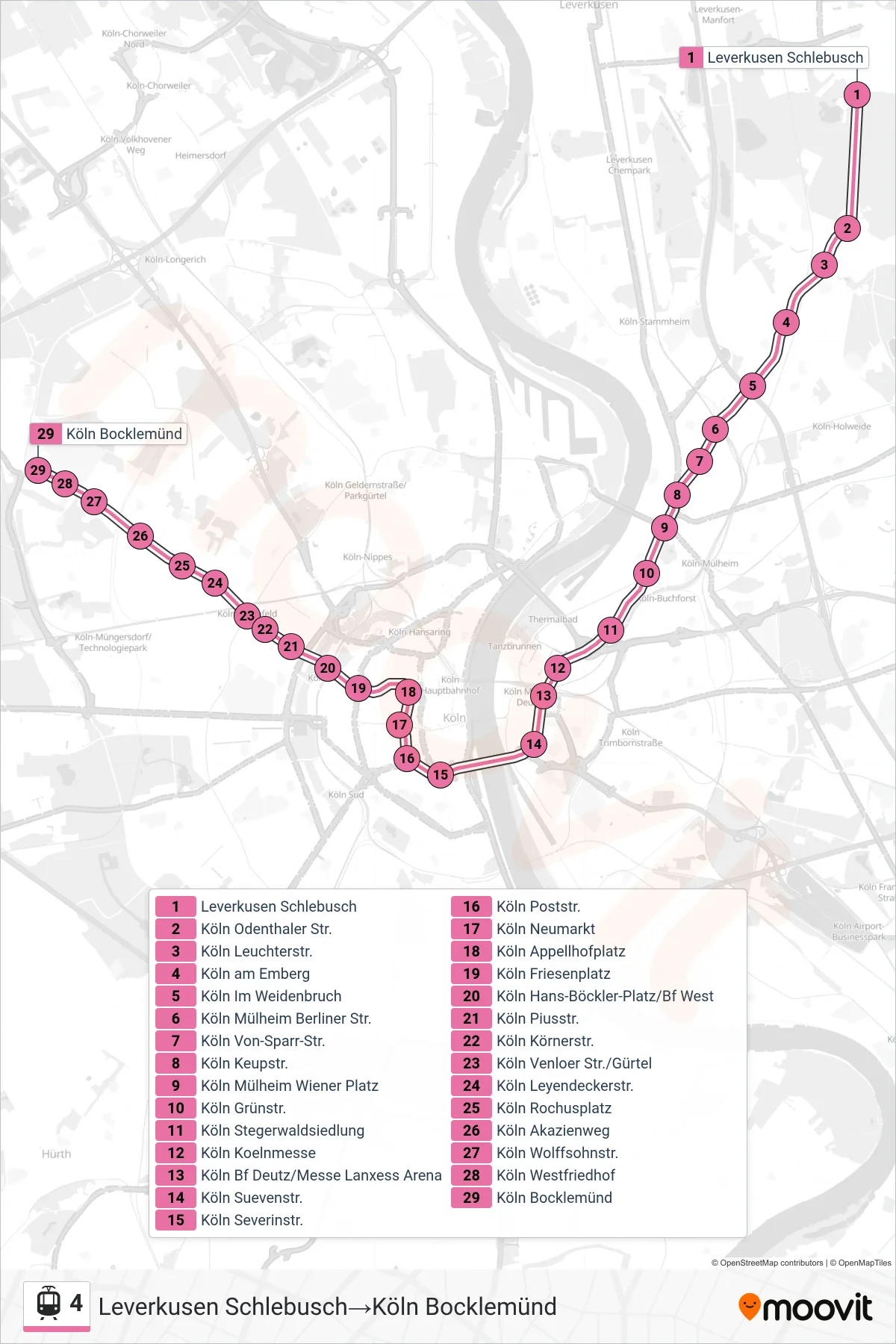 4 light rail Line (Leverkusen Schlebusch‎→Köln Bocklemünd) route and stops on a map
