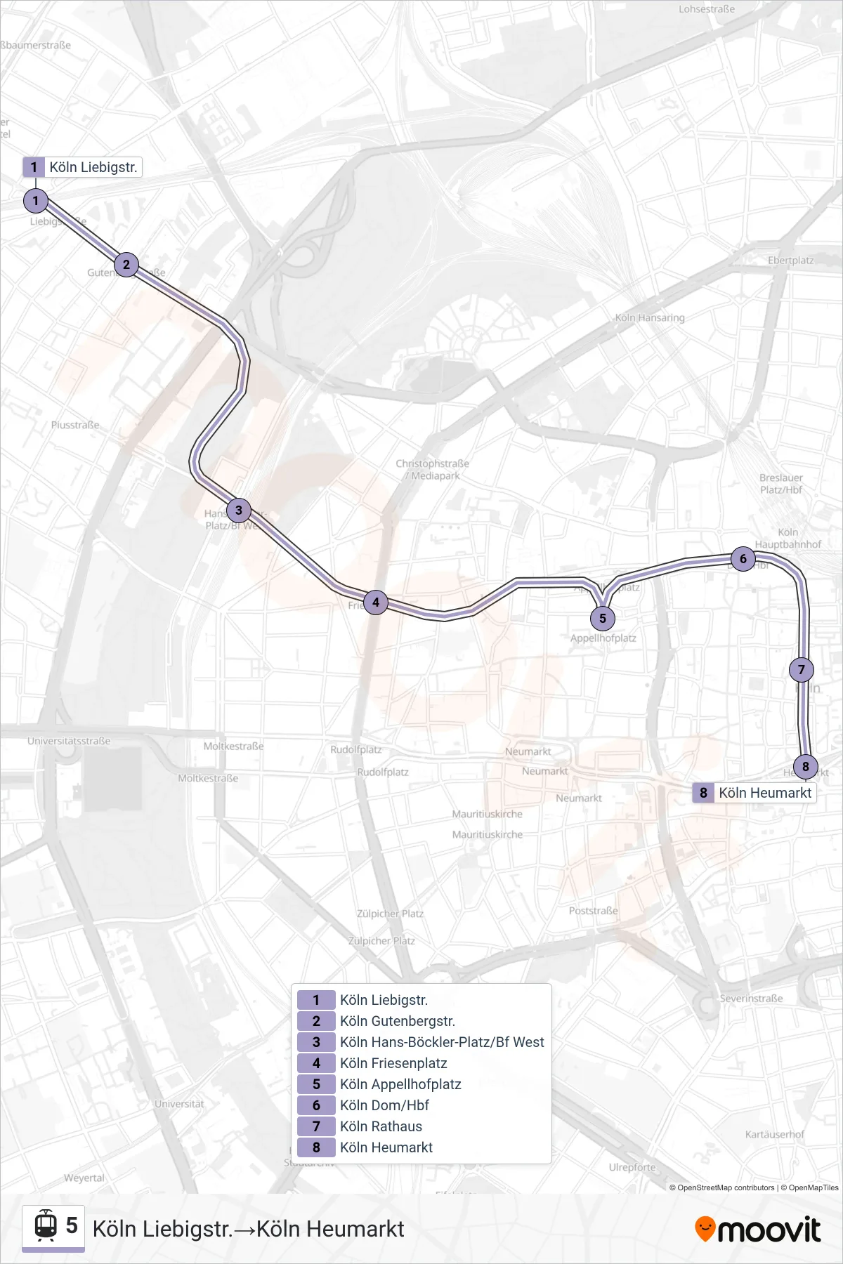 5 tram Line (Köln Liebigstr.→Köln Heumarkt) route and stops on a map