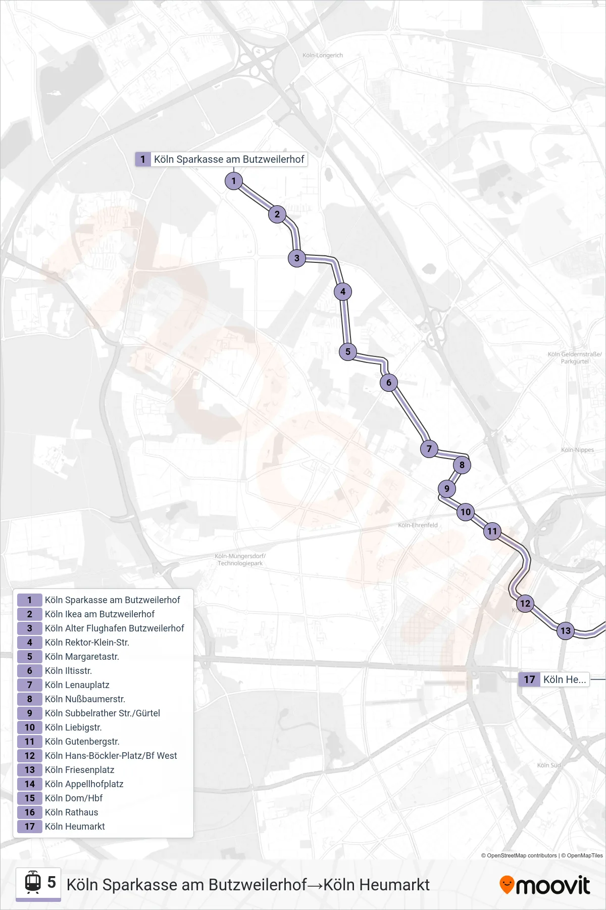 Linie 5 (Straßenbahn) Richtung Köln Sparkasse am Butzweilerhof→Köln Heumarkt: Route und Haltestellen auf der Karte