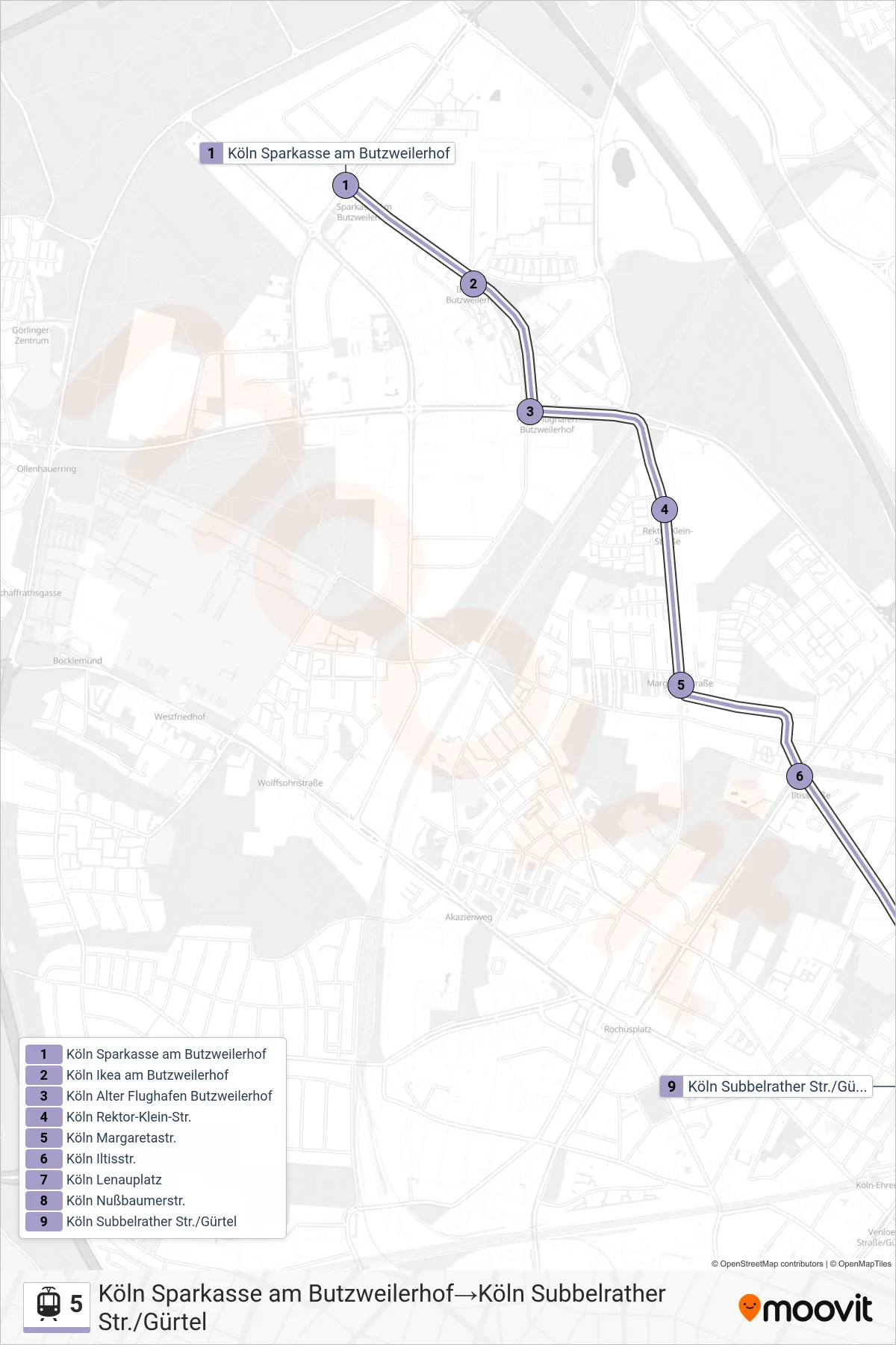 5 tram Line (Köln Sparkasse am Butzweilerhof→Köln Subbelrather Str./Gürtel) route and stops on a map