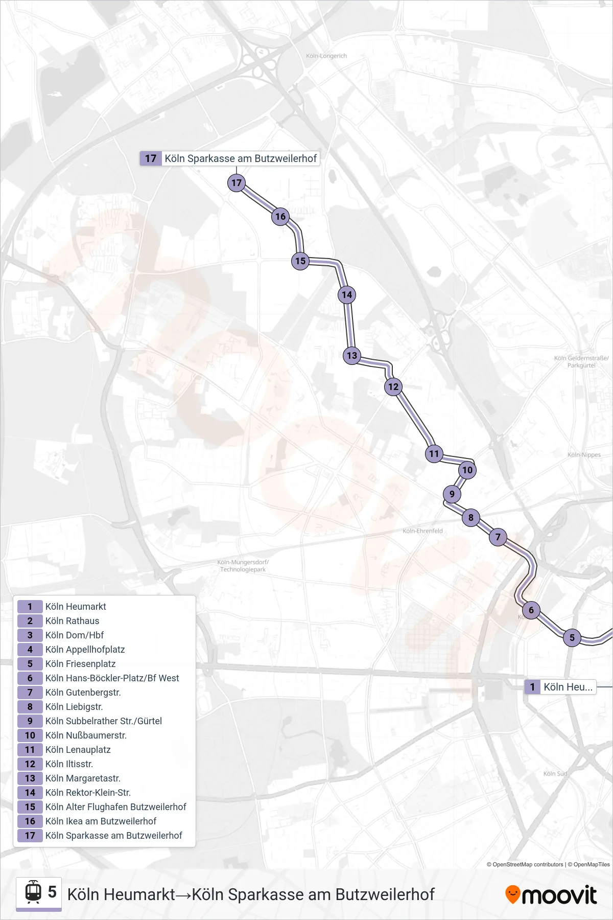 Linie 5 (Tram) Richtung Köln Heumarkt→Köln Sparkasse am Butzweilerhof: Route und Haltestellen auf der Karte