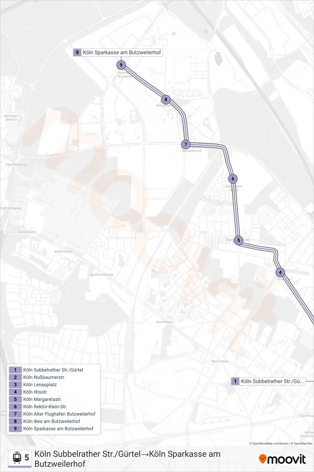 5 tram Line (Köln Subbelrather Str./Gürtel→Köln Sparkasse am Butzweilerhof) route and stops on a map
